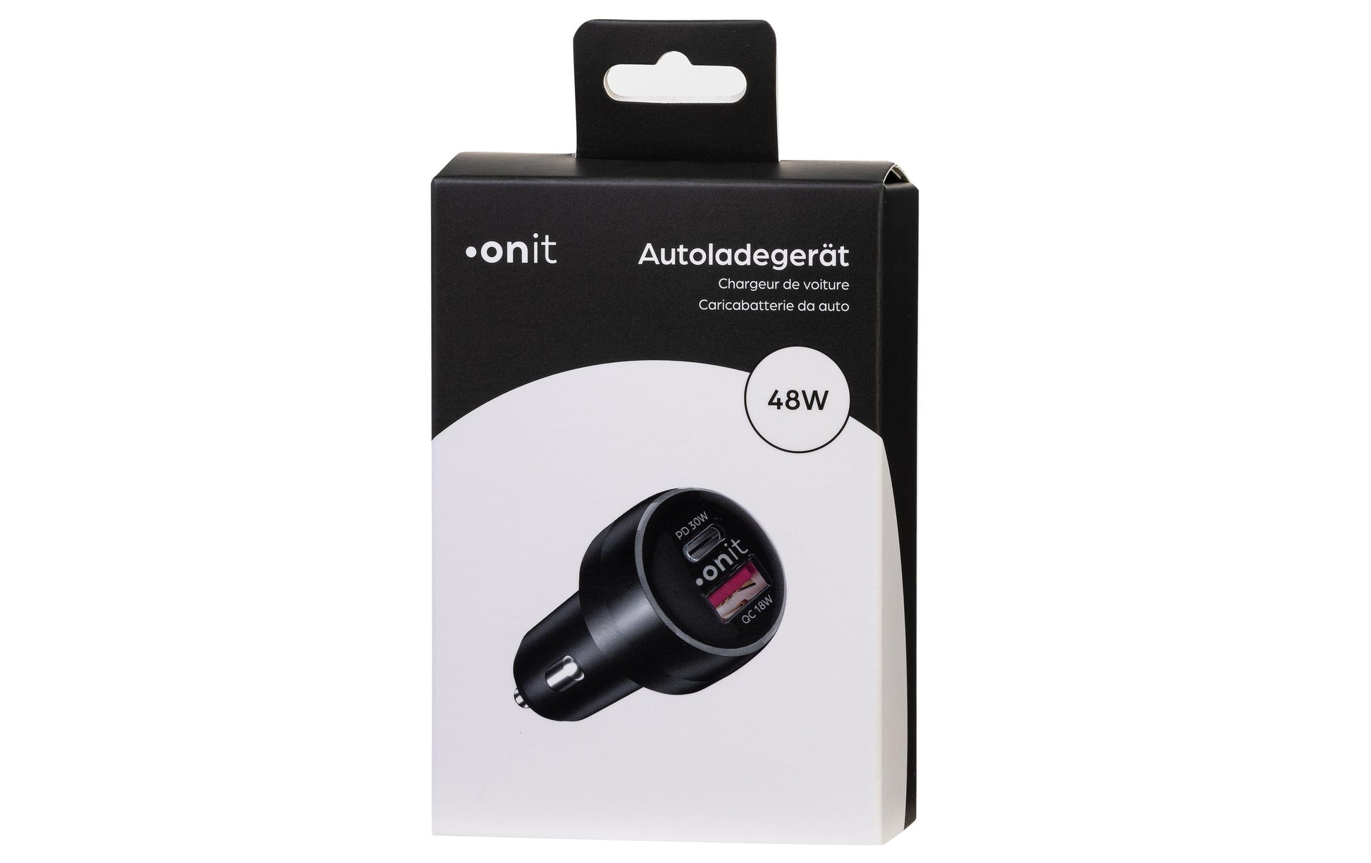 ONIT F02658 Auto-Ladegerät 48 W – USB-C×1 (30 W), USB-A×1 (18 W) – PD 3.0, QC 3.0 – für 12–24 V Fahrzeuge, schwarz