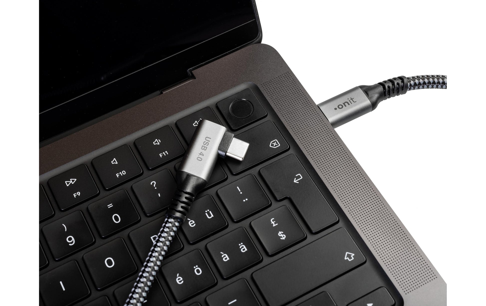ONIT USB-C auf USB-C Kabel – USB4 20 Gbit/s – 5 m – PD 60 W – Textilmantel, Abgewinkelt – Schwarz/Grau