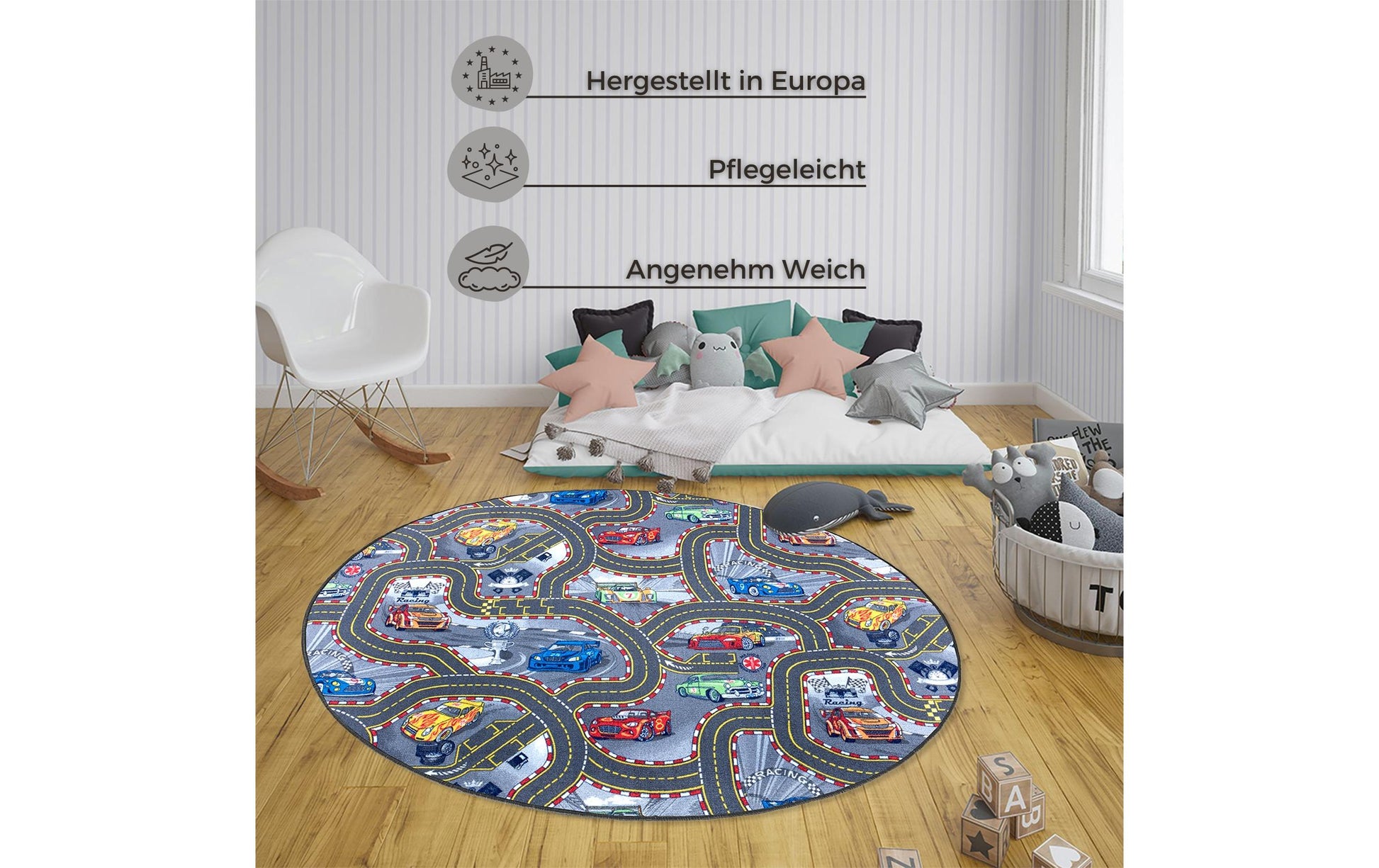 Hanse Home Race Track Kinderteppich – Ø 133 cm – Polypropylen & Baumwolle, Grau