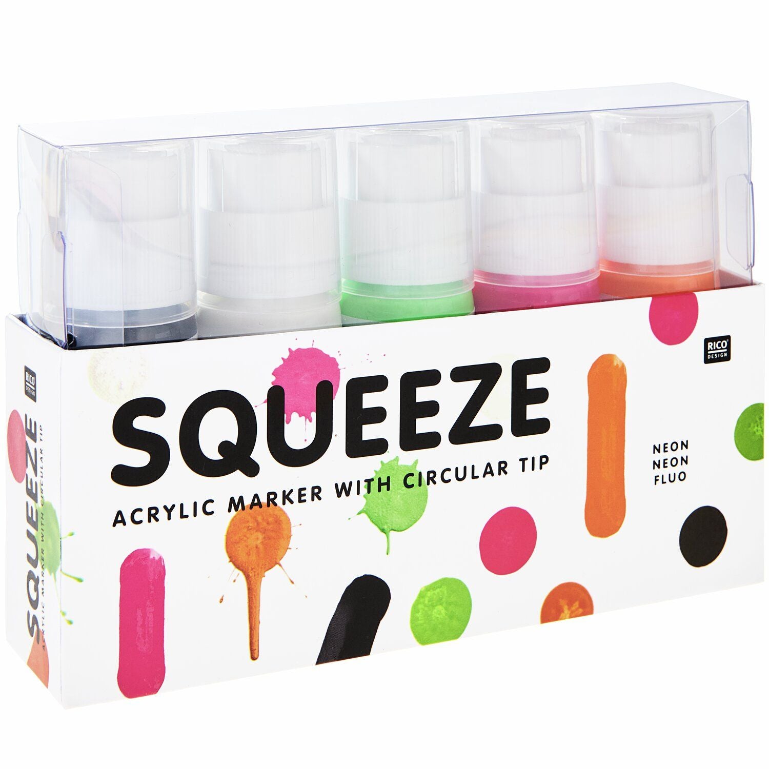 Rico Design Acrylfarbe (Squeeze Marker) – Mehrfarbig – 5 Farben – 5×60 ml (300 ml)