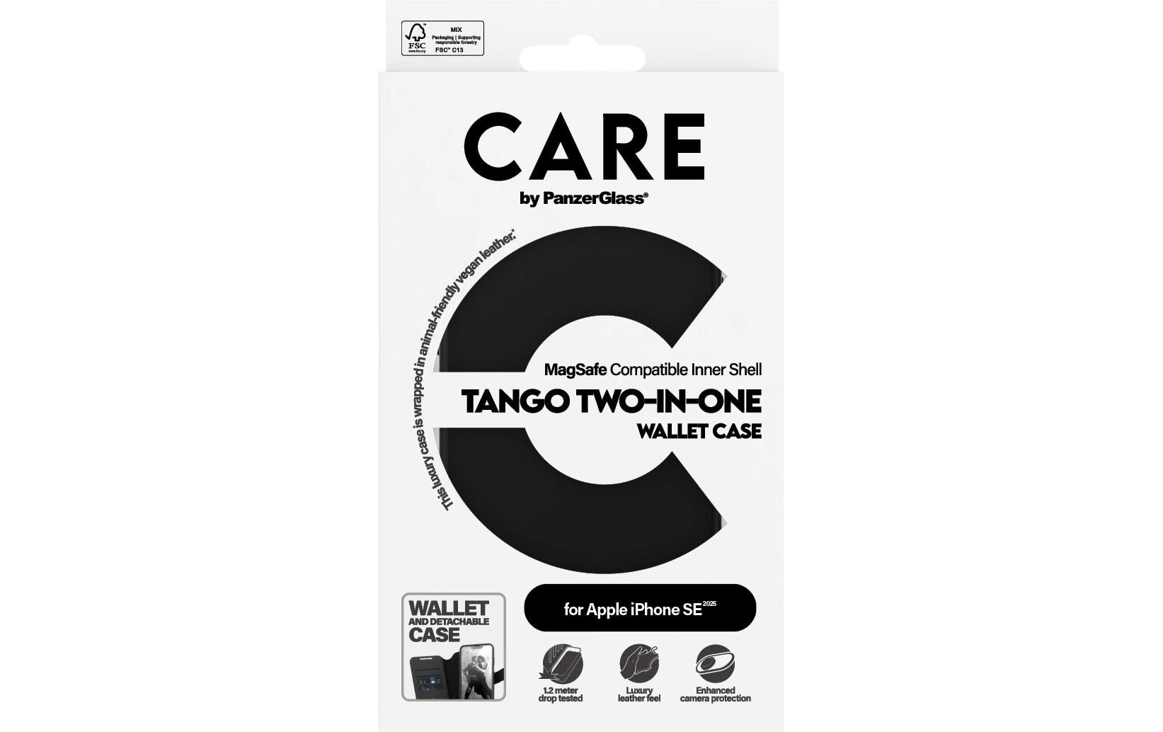 PanzerGlass CARE Tango Wallethülle – für Apple iPhone 16e, mit Kartenfach, PU, Schwarz, Qi-kompatibel