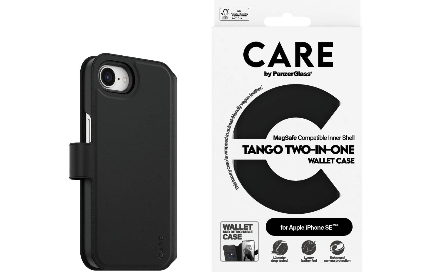 PanzerGlass CARE Tango Wallethülle – für Apple iPhone 16e, mit Kartenfach, PU, Schwarz, Qi-kompatibel