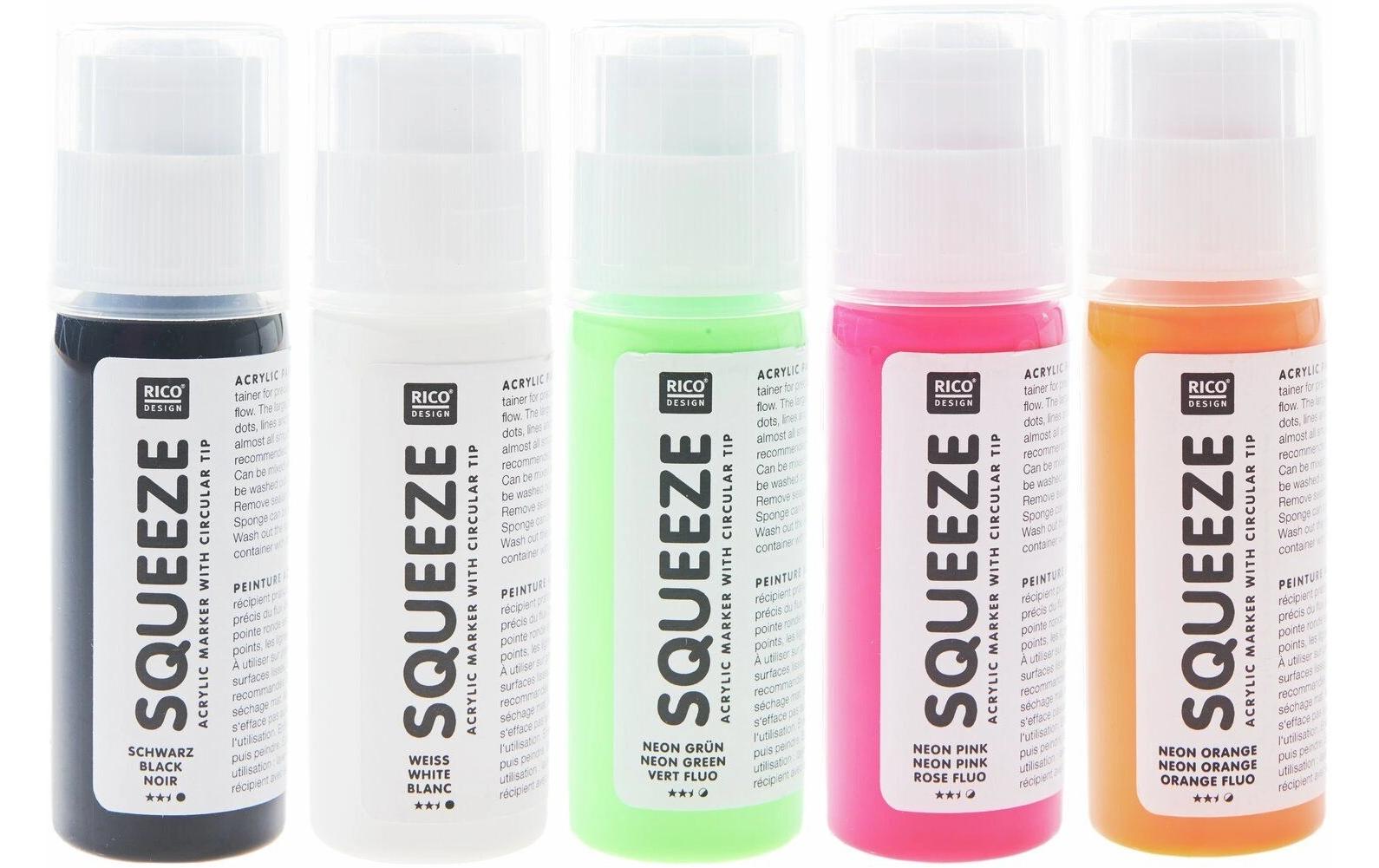 Rico Design Acrylfarbe (Squeeze Marker) – Mehrfarbig – 5 Farben – 5×60 ml (300 ml)