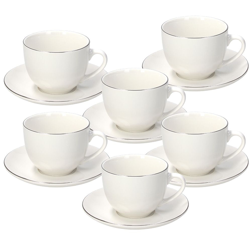 Tognana Porcellane Tognana Kaffeetassen-Set Fascetta Platino – 6-teiliges Set, 260 ml, Porzellan, Silber/Weiss, mit Unterteller