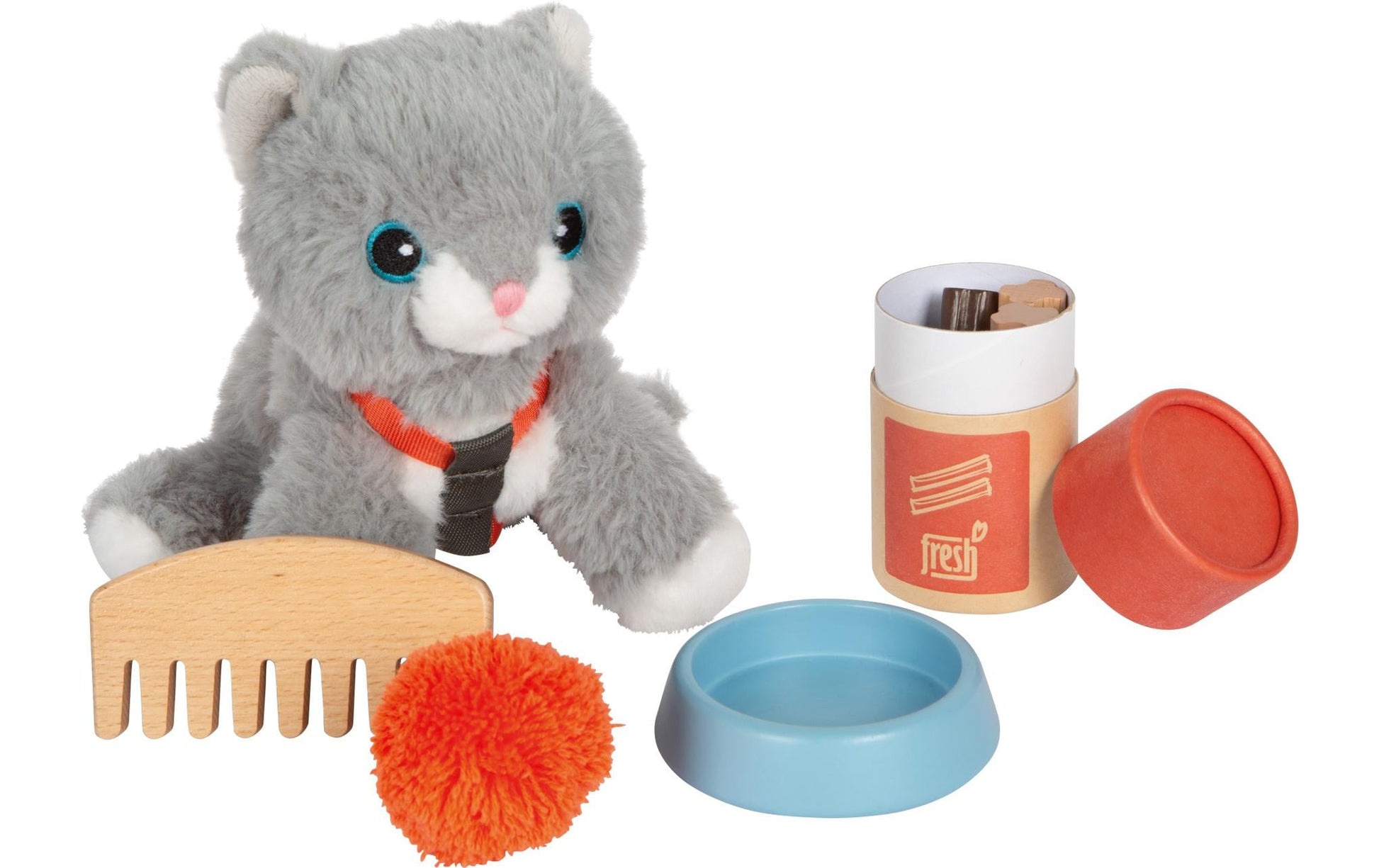 Small foot Plüschtier Katze, Pflege-Set – 14-teilig – ab 2 Jahren – Plüsch/Stoff/Holz, mehrfarbig