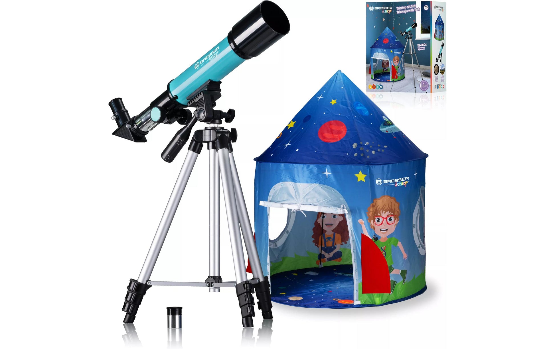 Bresser Optics Bresser Junior – Linsenteleskop (Refraktor) – mit Zelt, 60×, Brennweite 360 mm