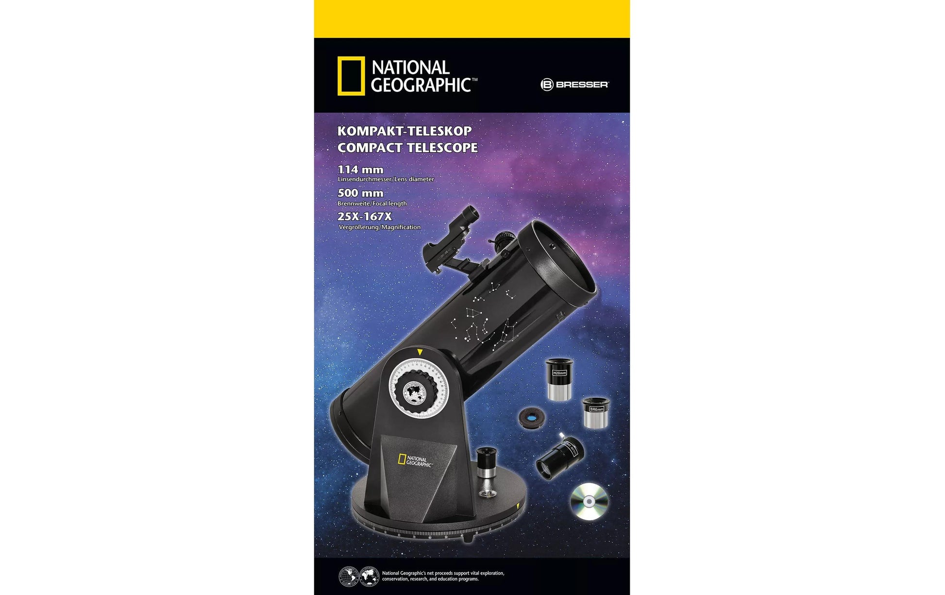 National Geographic Spiegelteleskop – Teleskop 114/500, 11,4 cm Ø, 500 mm Brennweite, 167×
