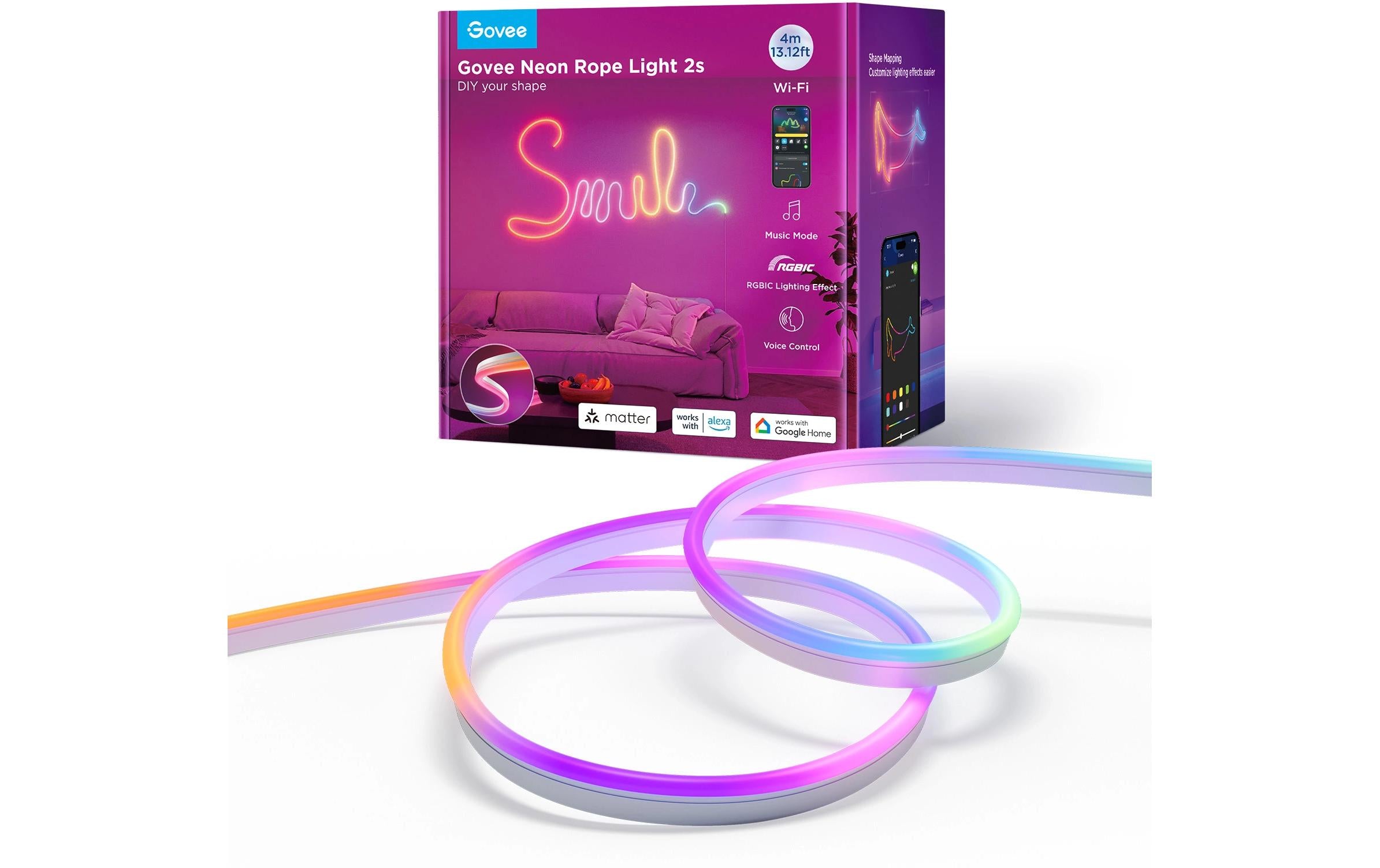 Govee LED-Streifen Neon Matter – 4 m, 48 W, RGBIC, BT, für Alexa, weiss