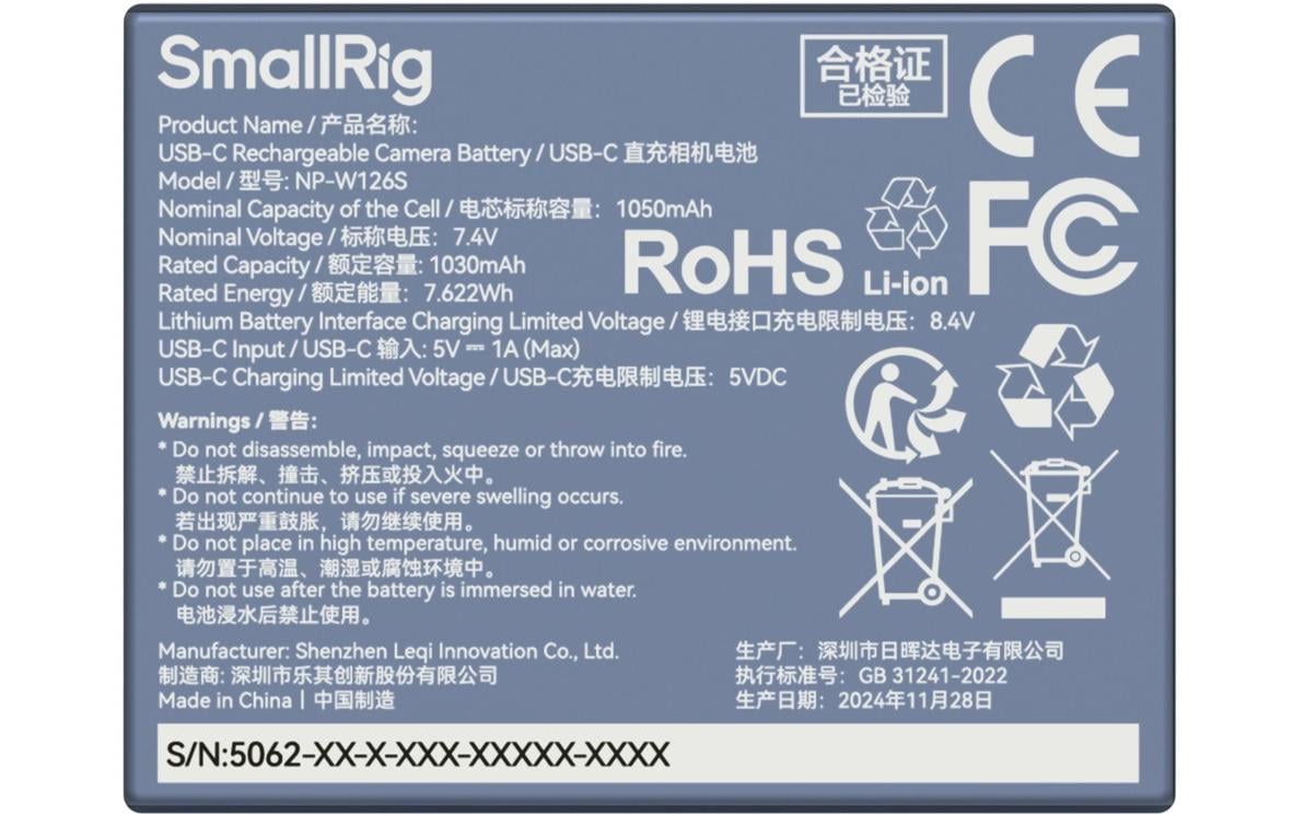 SmallRig NP-W126S Akku Li-Ion 1050 mAh, 7,4 V – für FUJIFILM X-H1, X-Pro2, X-Pro1 und andere