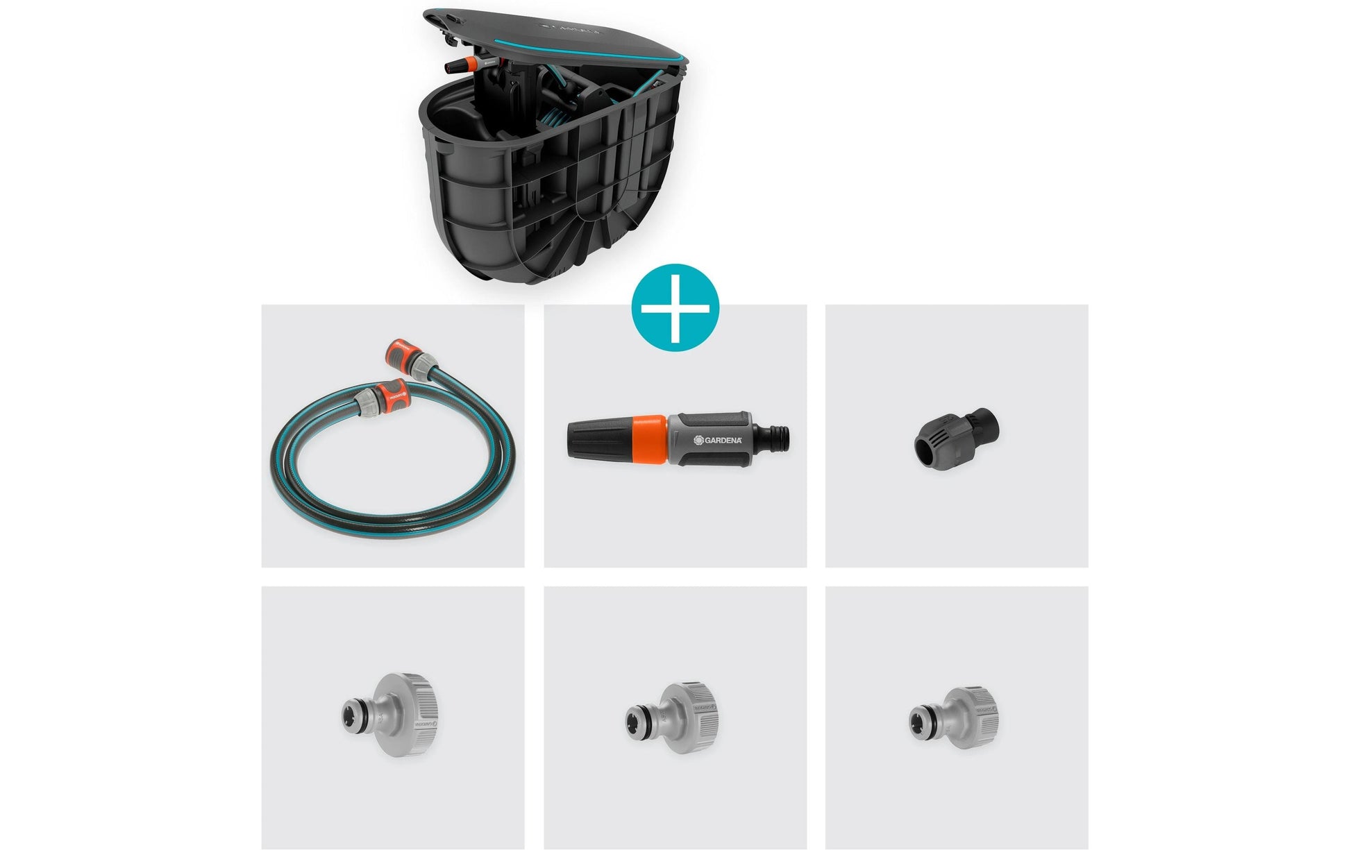 Gardena RollUp M Schlauchbox 20 m – mit Schlauch, automatisch, schwarz, B 335 × H 485 × T 700 mm
