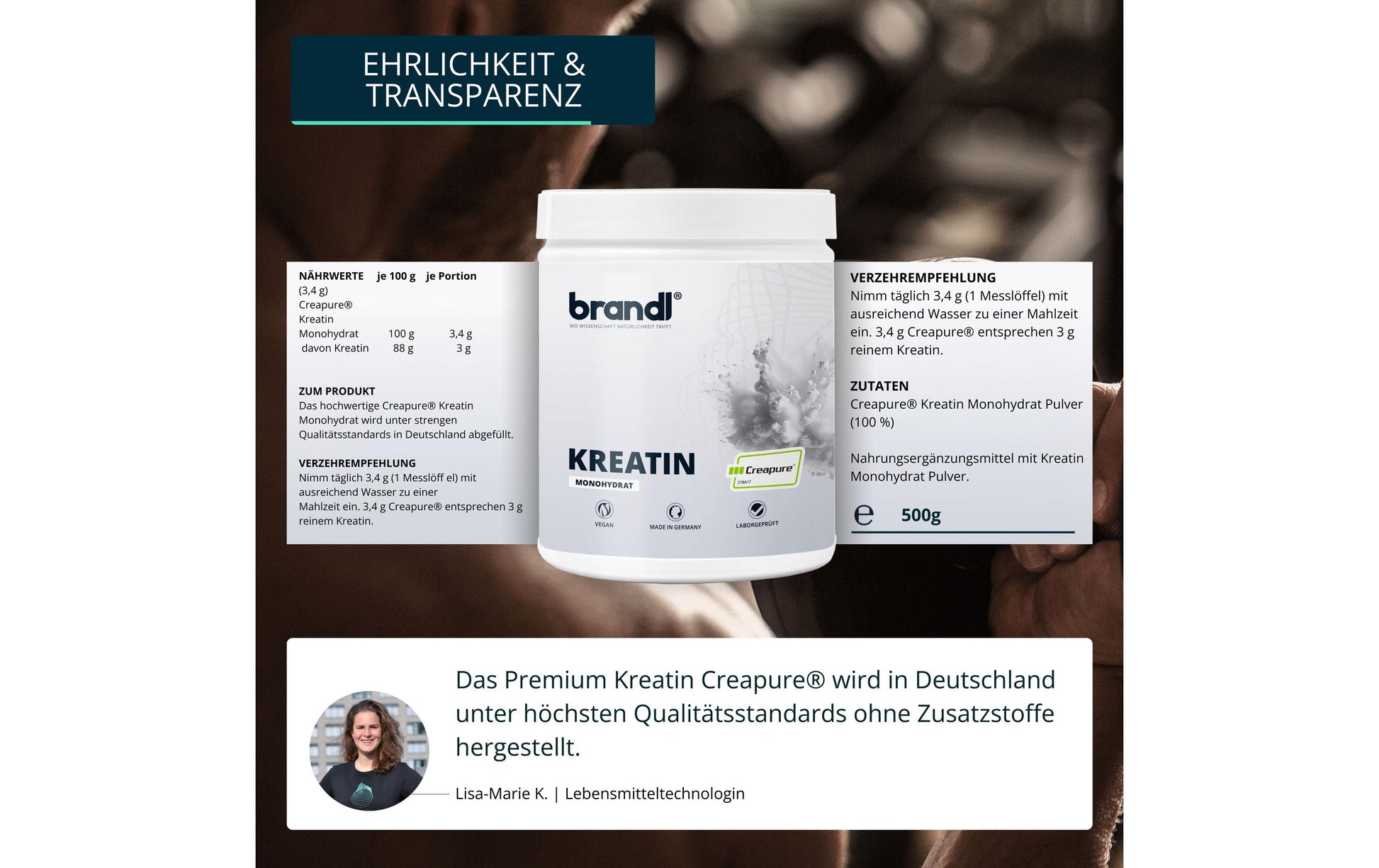 Brandl Nutrition Kreatin Monohydrat Pulver – Neutral – 500 g