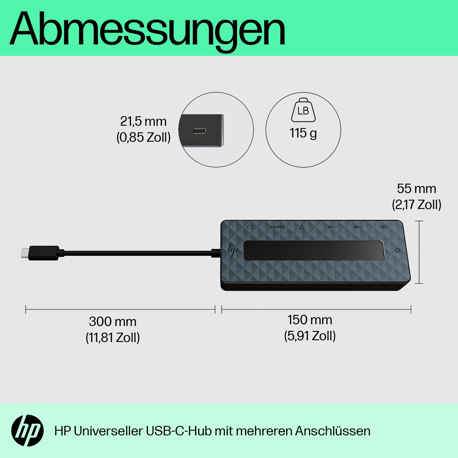 HP Multiport-Adapter – USB-C, 1× DP, 1× HDMI, 2× USB-A, 65 W PD, GbE, für Windows/Mac/ChromeOS