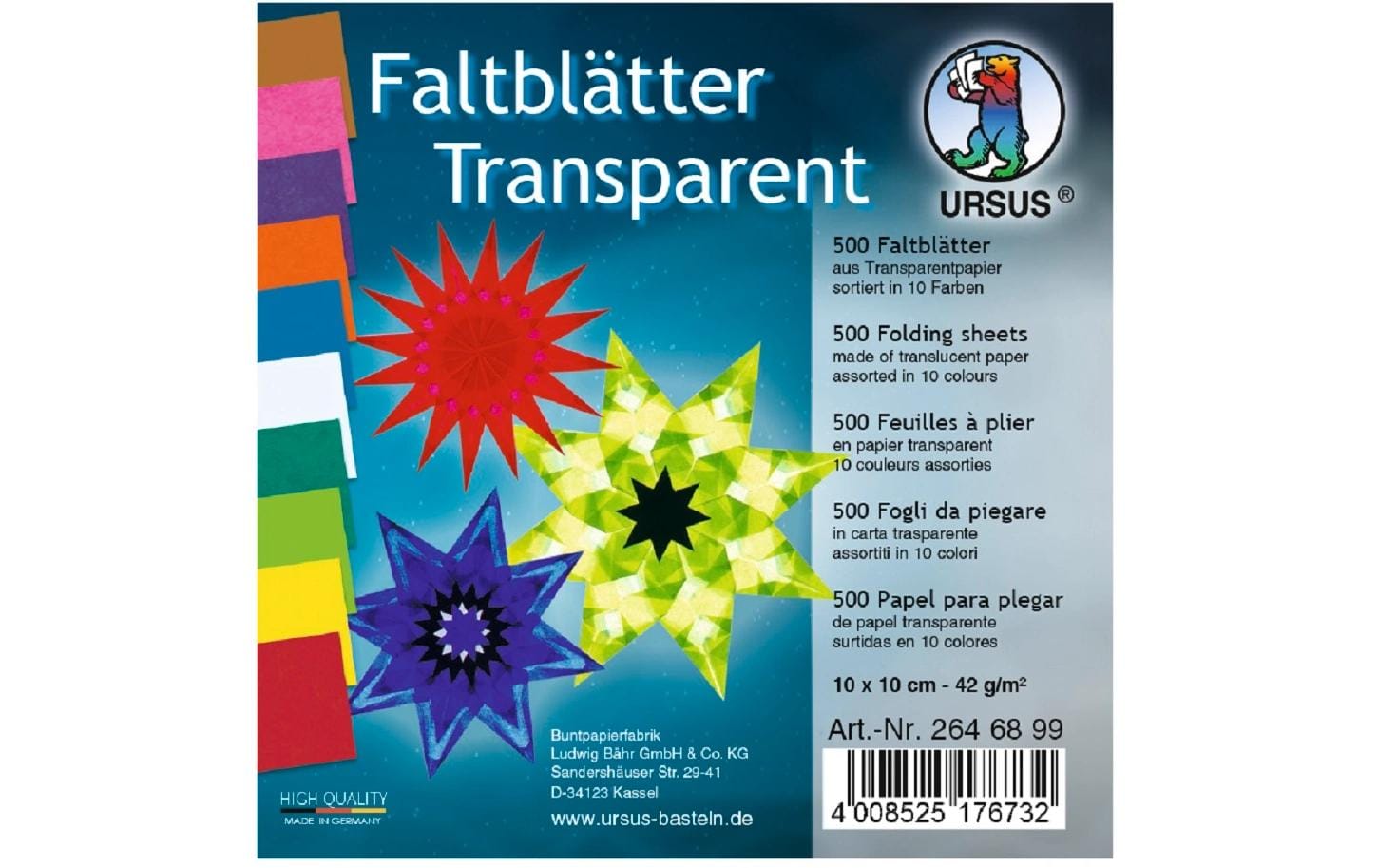 URSUS Origamipapier – 10 × 10 cm, Mehrfarbig, 42 g/m² – 500 Blatt