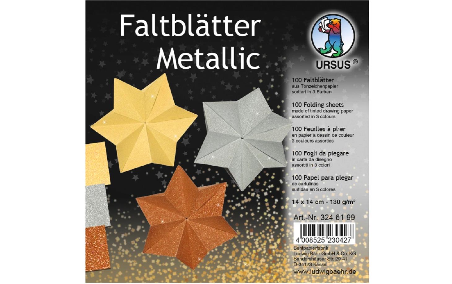 URSUS Origamipapier Metallic – 14 × 14 cm, mehrfarbig, 130 g/m² – 100 Blatt