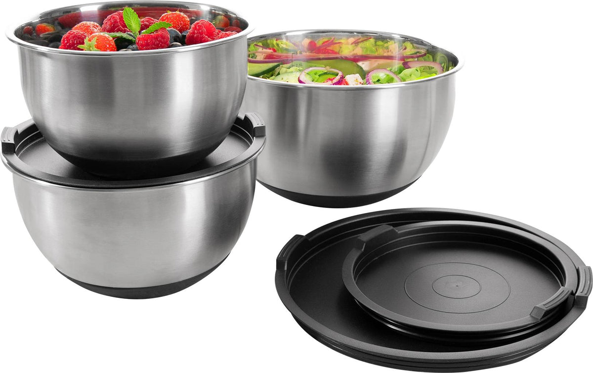 Genius Schüsseln – 3er Set, 1,6 l/2,2 l/3,7 l, Ø 16/18/22 cm, Edelstahl, Schwarz, mit Deckel