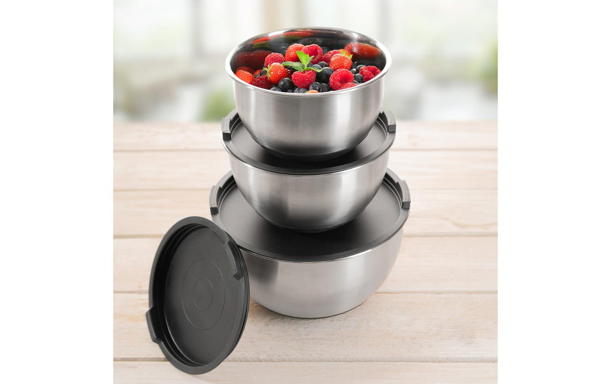 Genius Schüsseln – 3er Set, 1,6 l/2,2 l/3,7 l, Ø 16/18/22 cm, Edelstahl, Schwarz, mit Deckel