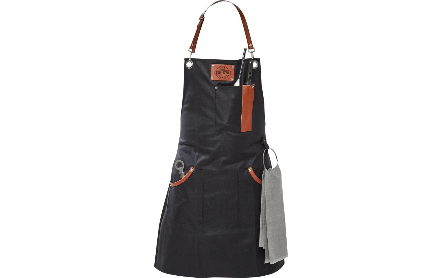 GEFU Schürze zum Grillieren – Baumwolle/Aluminium/Leder/Edelstahl, 65×90 cm – Schwarz, mit 2 Taschen