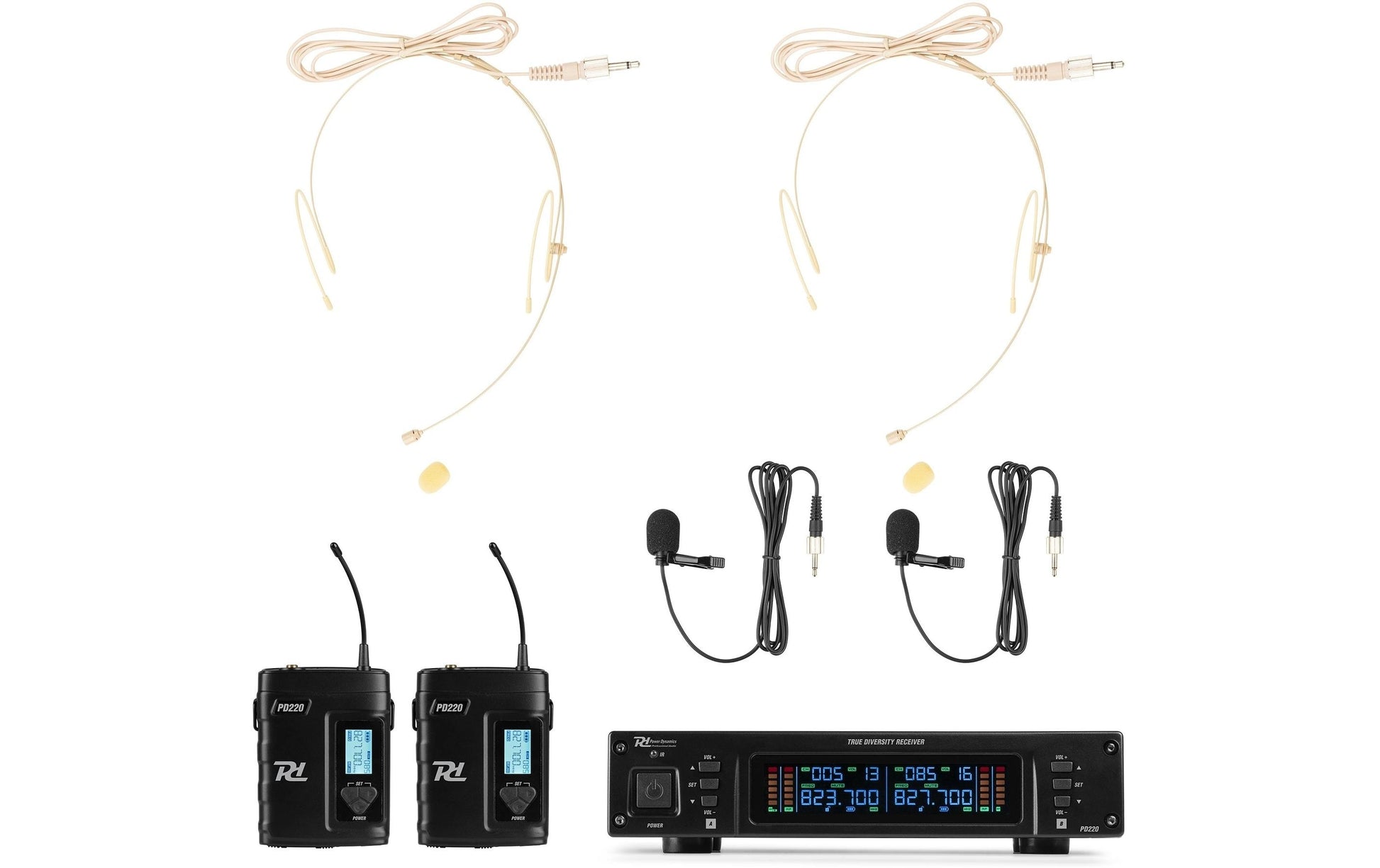Power Dynamics PD220B Funkmikrofonsystem 2er-Set – 6,35 mm Klinke/XLR, Kabellos (823–832 MHz), Niere, Schwarz