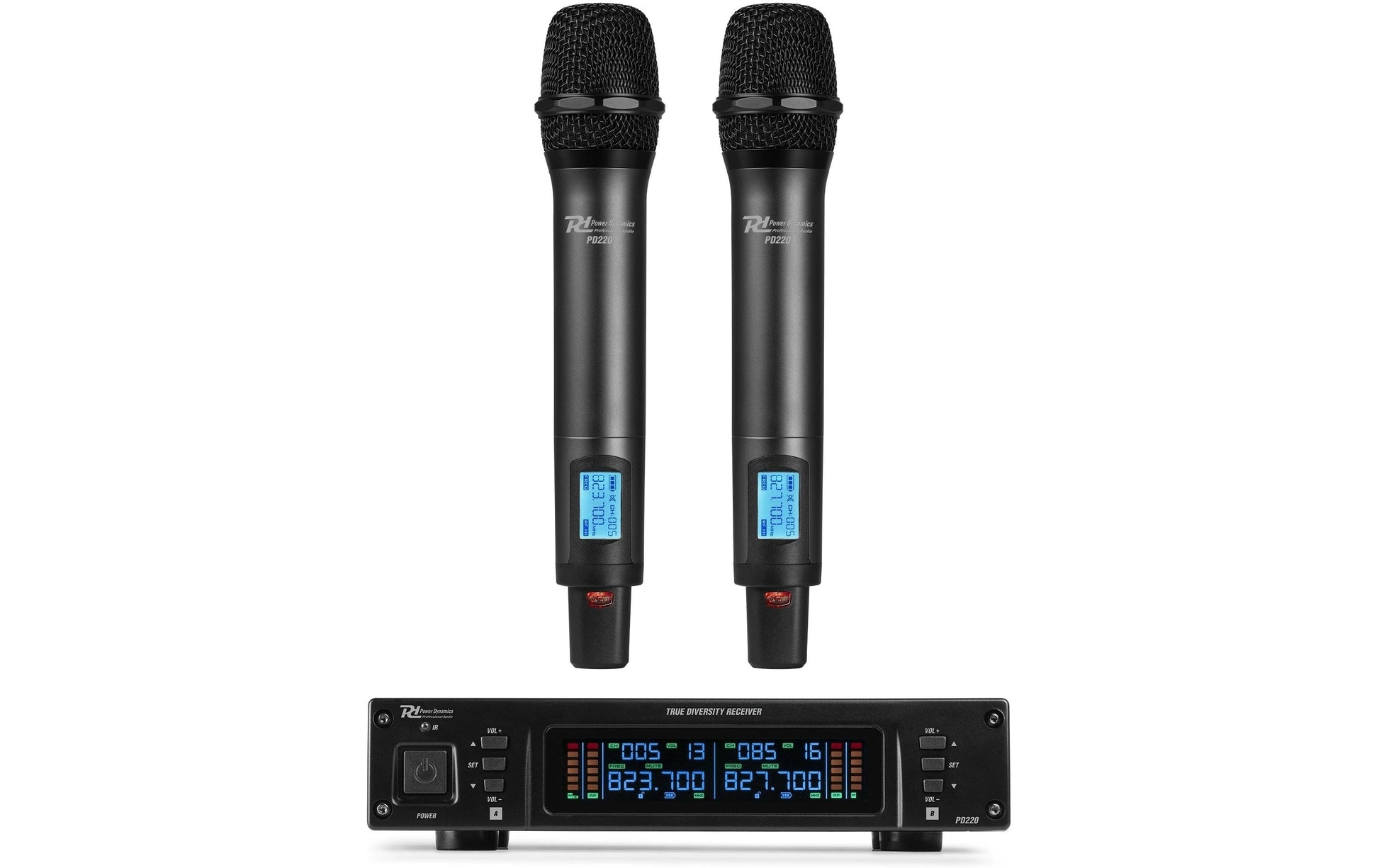Power Dynamics PD220 Bühnenmikrofon 2er-Set – XLR/6,35 mm Klinke, Kabellos, Niere, 823–832 MHz, Schwarz