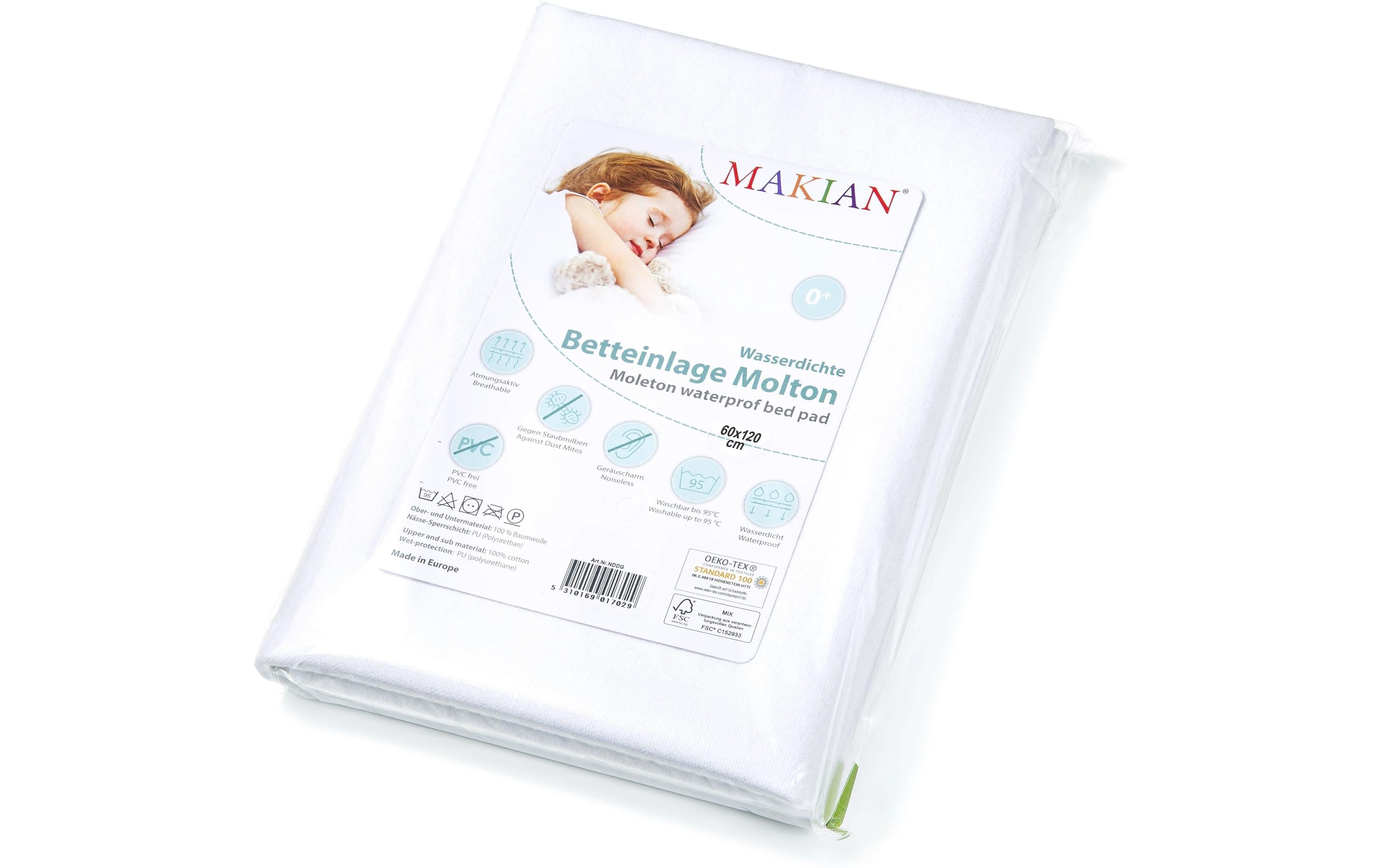 Makian Matratzenschutz – 60 × 120 cm, Weiss, Polyurethan, OEKO-TEX