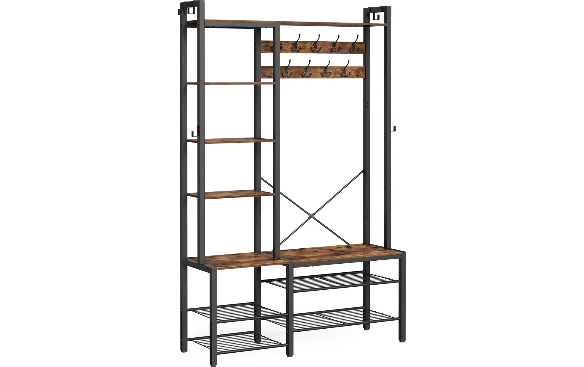 Vasagle Garderobe mit Schuhregal – 9 Haken, mit Ablage, Stahl/Spanplatte, Schwarz/Braun, 120 × 40 × 190 cm