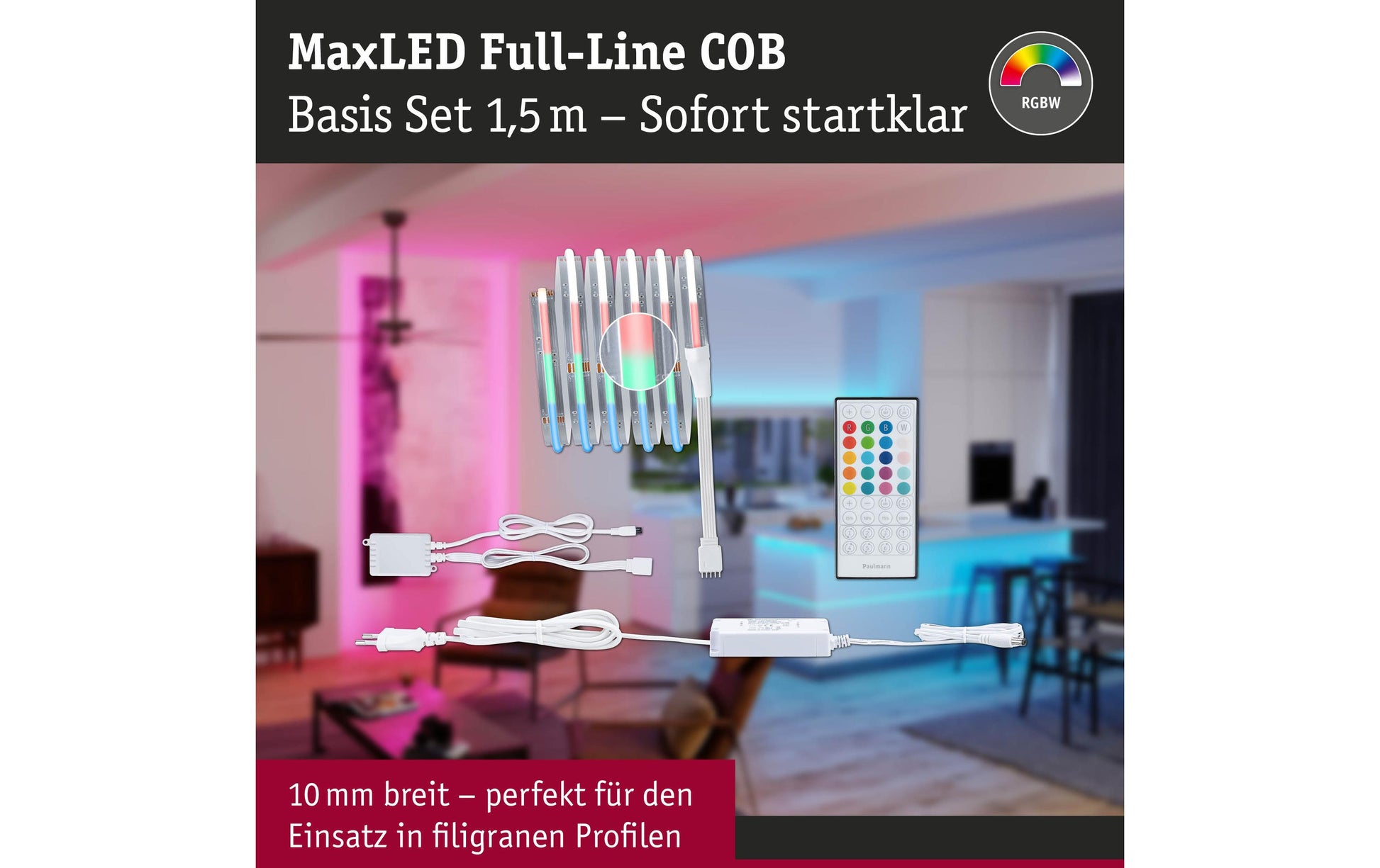 Paulmann LED-Strip MaxLED 500 – 1,5 m, 795 lm, 10 W, RGBW, dimmbar, silber, inkl. Netzteil, Fernbedienung