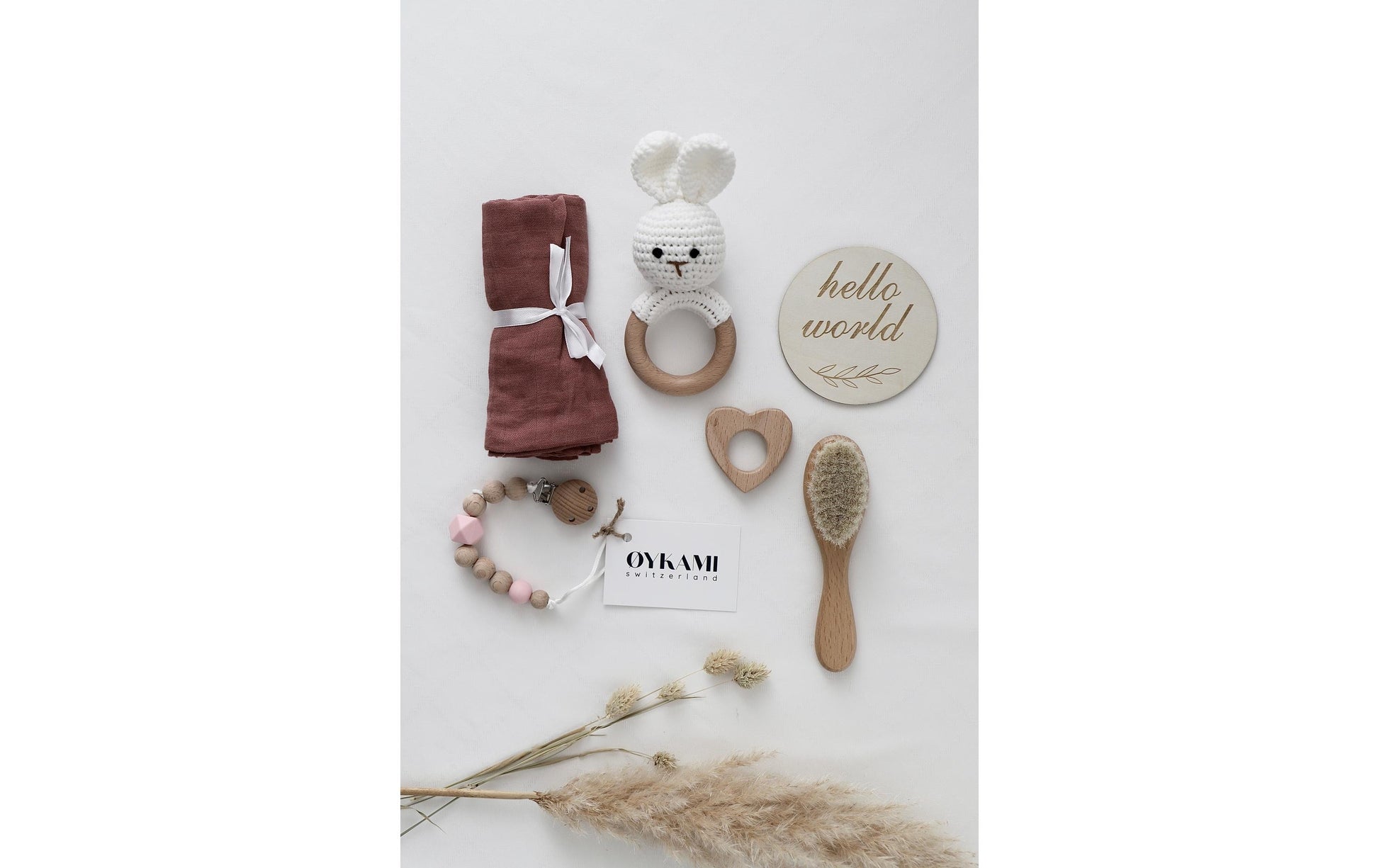 OYKAMI Geschenkbox – Holz, Baumwolle – Mehrfarbig (Weiss, Rosa, Beige)