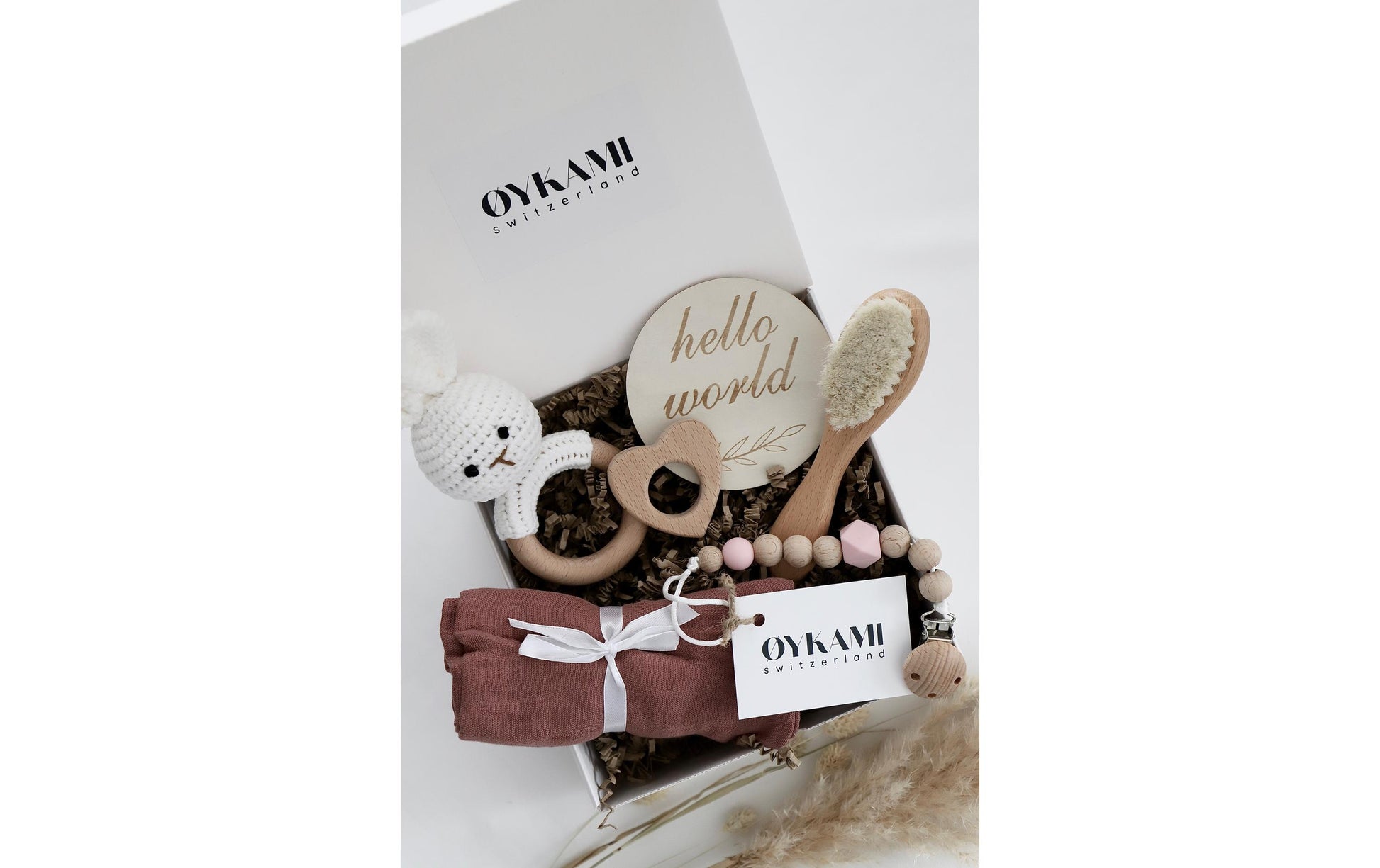 OYKAMI Geschenkbox – Holz, Baumwolle – Mehrfarbig (Weiss, Rosa, Beige)