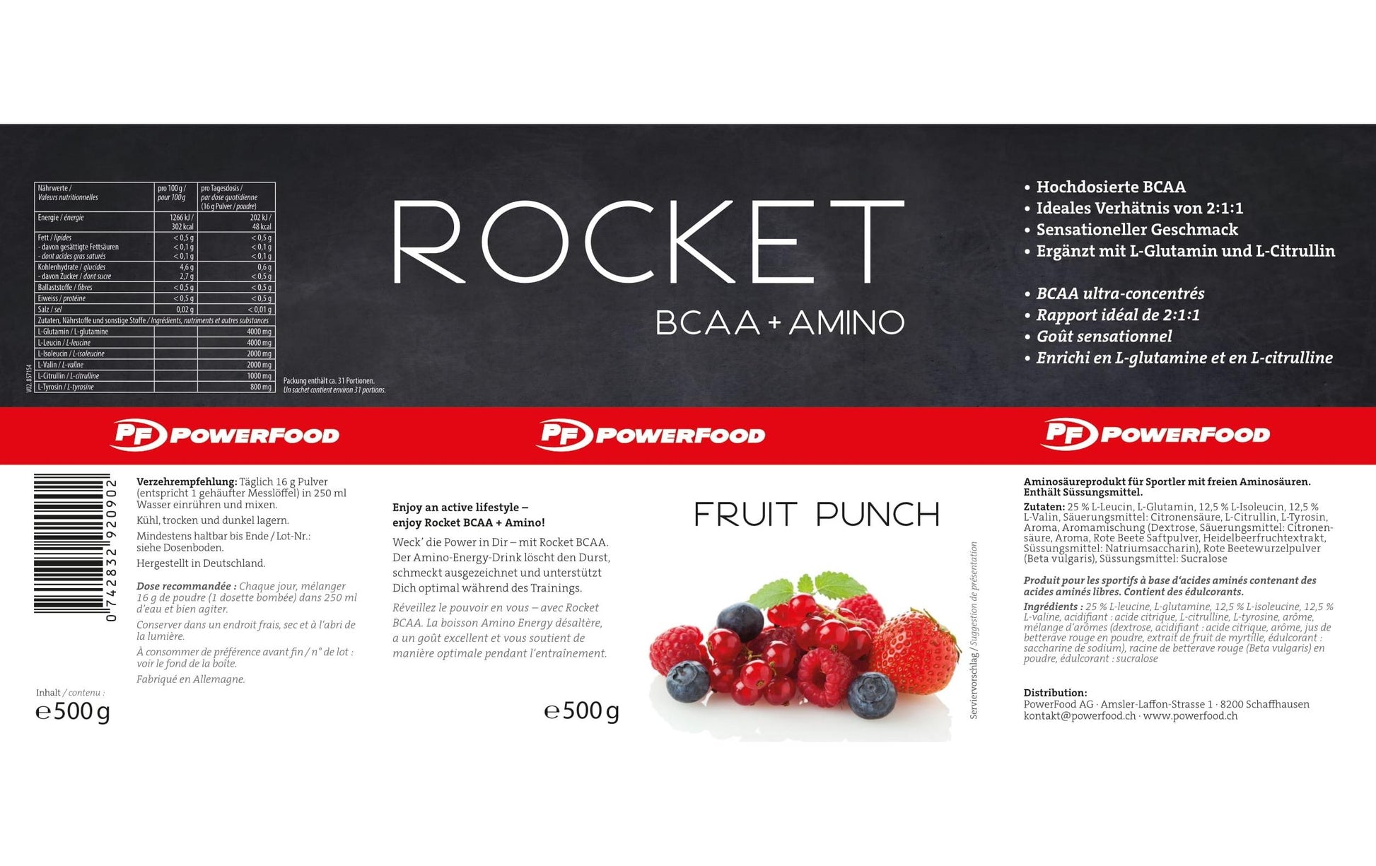 PowerFood Aminosäure-Pulver Fruchtpunsch – laktosefrei – 500 g