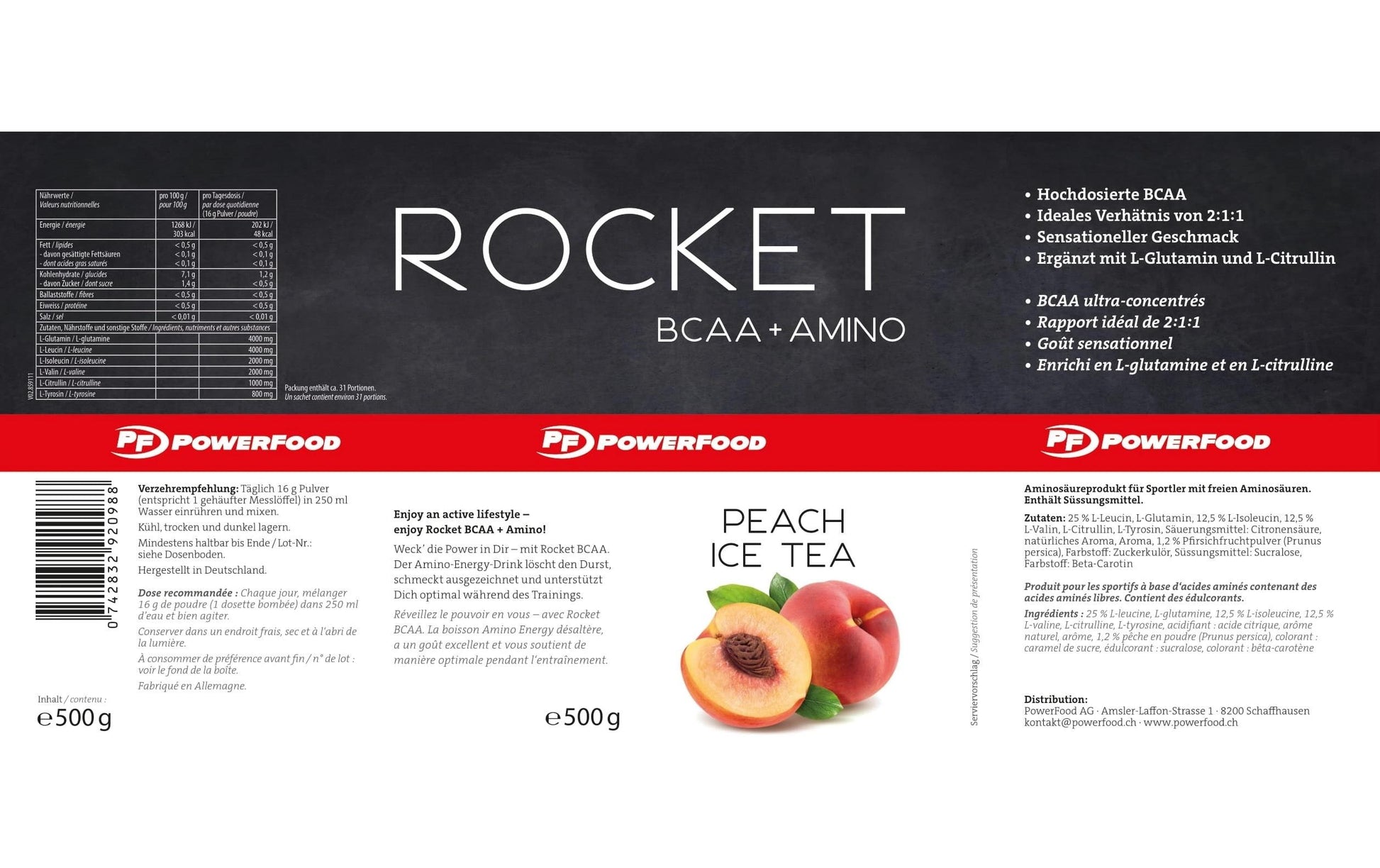 PowerFood BCAA Pulver Pfirsich – vegan, laktosefrei – 500 g