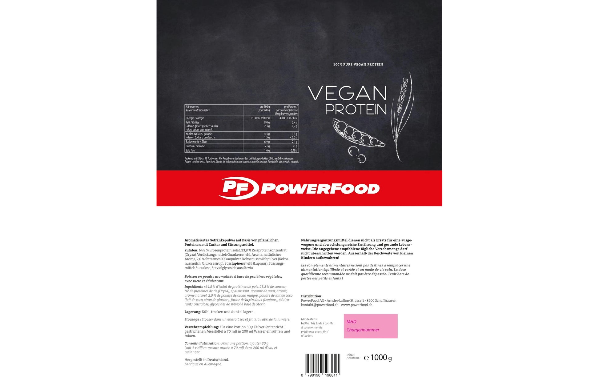 PowerFood One Vegan Proteinpulver Schokolade – vegan – 1 kg