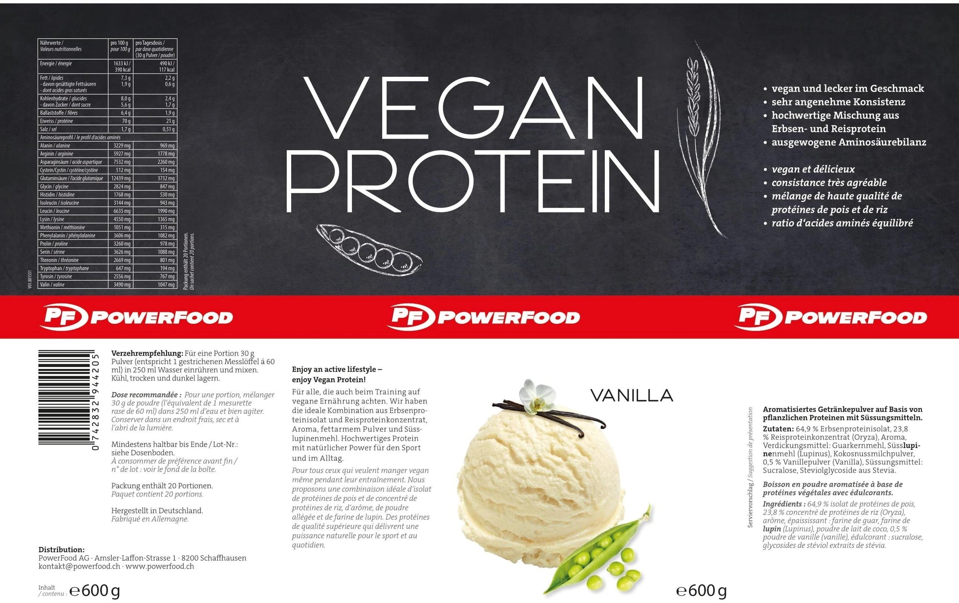 PowerFood Protein-Pulver Vanille – vegan – 600 g