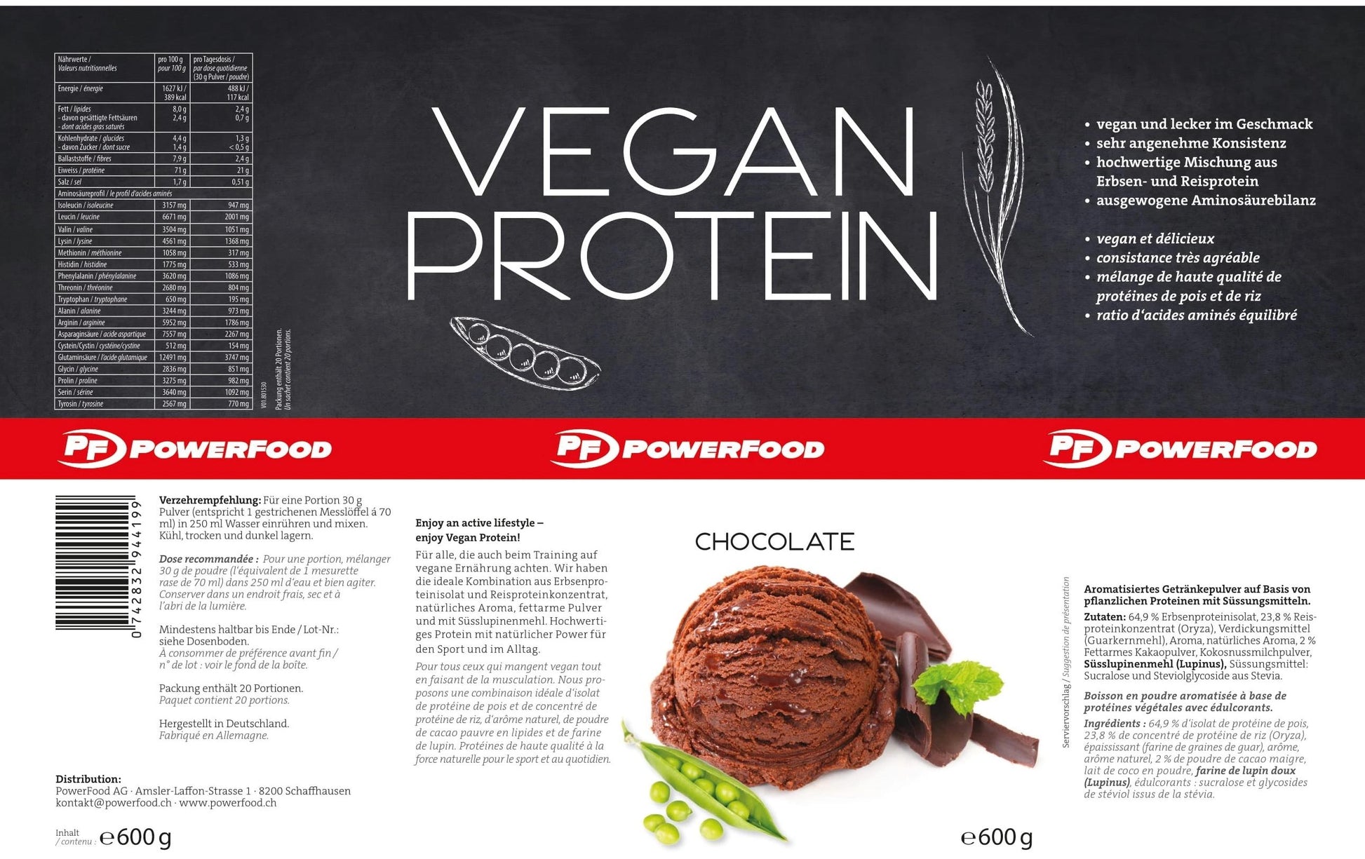 PowerFood Protein Pulver Schokolade – Vegan – 600 g
