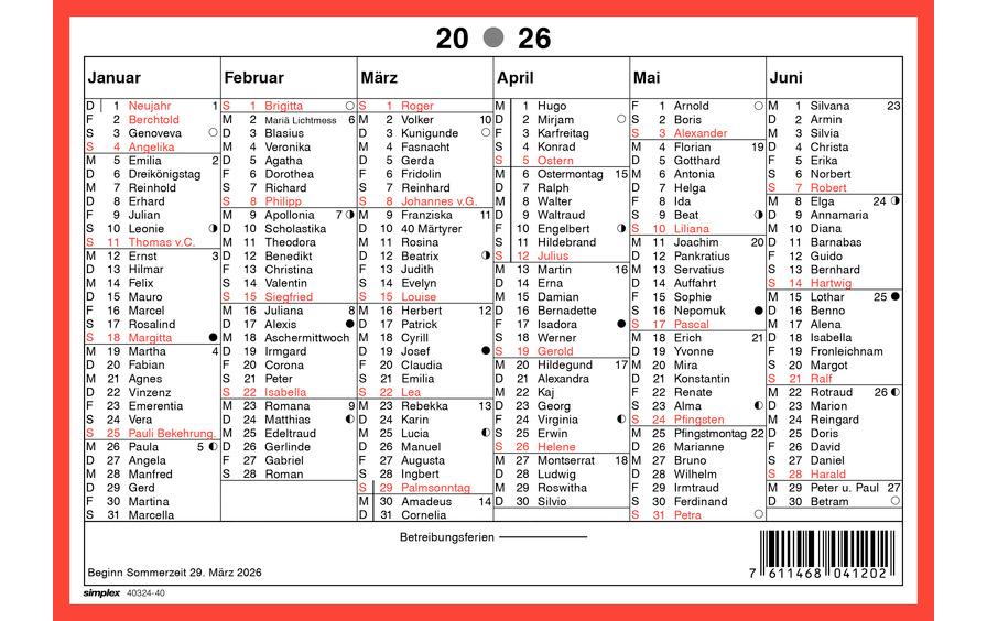 Simplex Wandkalender (Monat), 6 Monate pro Seite, 2026, A5, Deutsch, Querformat, mit Namenstagen, Packung zu 1