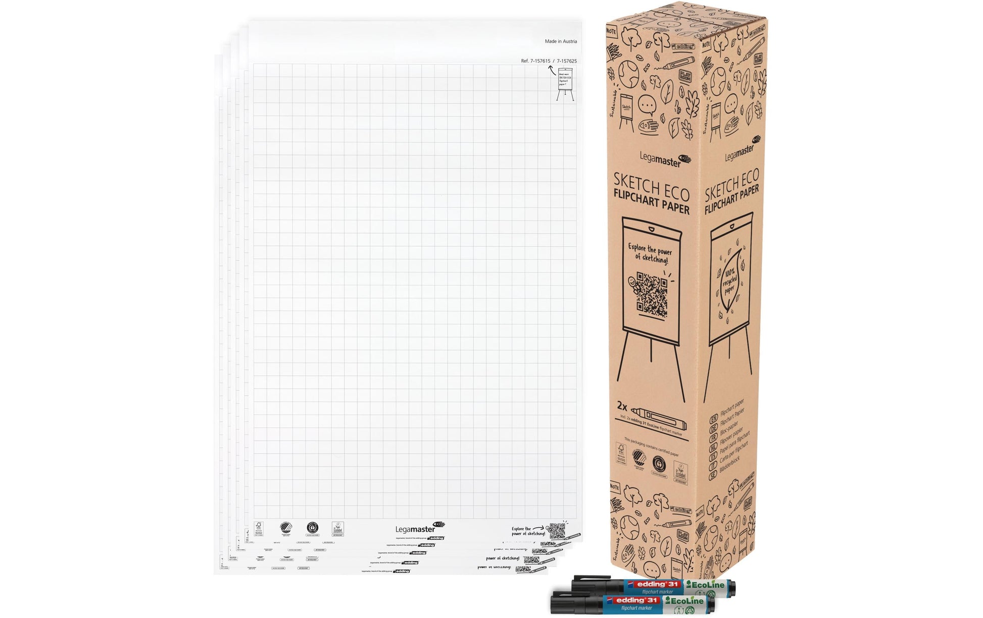 Legamaster Flipchart-Block SKETCH ECO – 65 × 98 cm, 20 Blatt/Block, 5 Blöcke, kariert, weiss, Papier