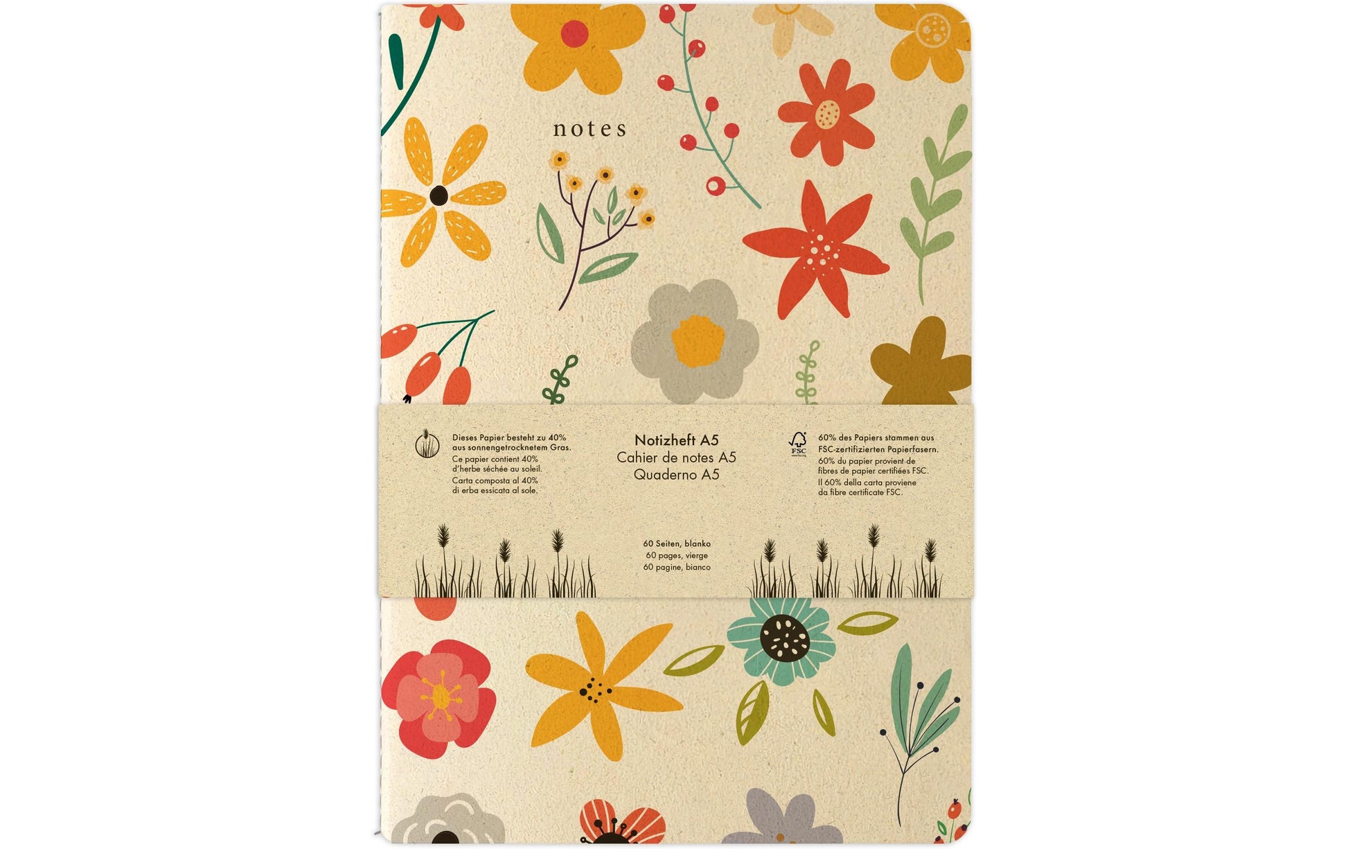 Natur Verlag Notizheft – A5 – blanko – 60 Seiten – 90 g/m² – Softcover, Blumenmuster, FSC