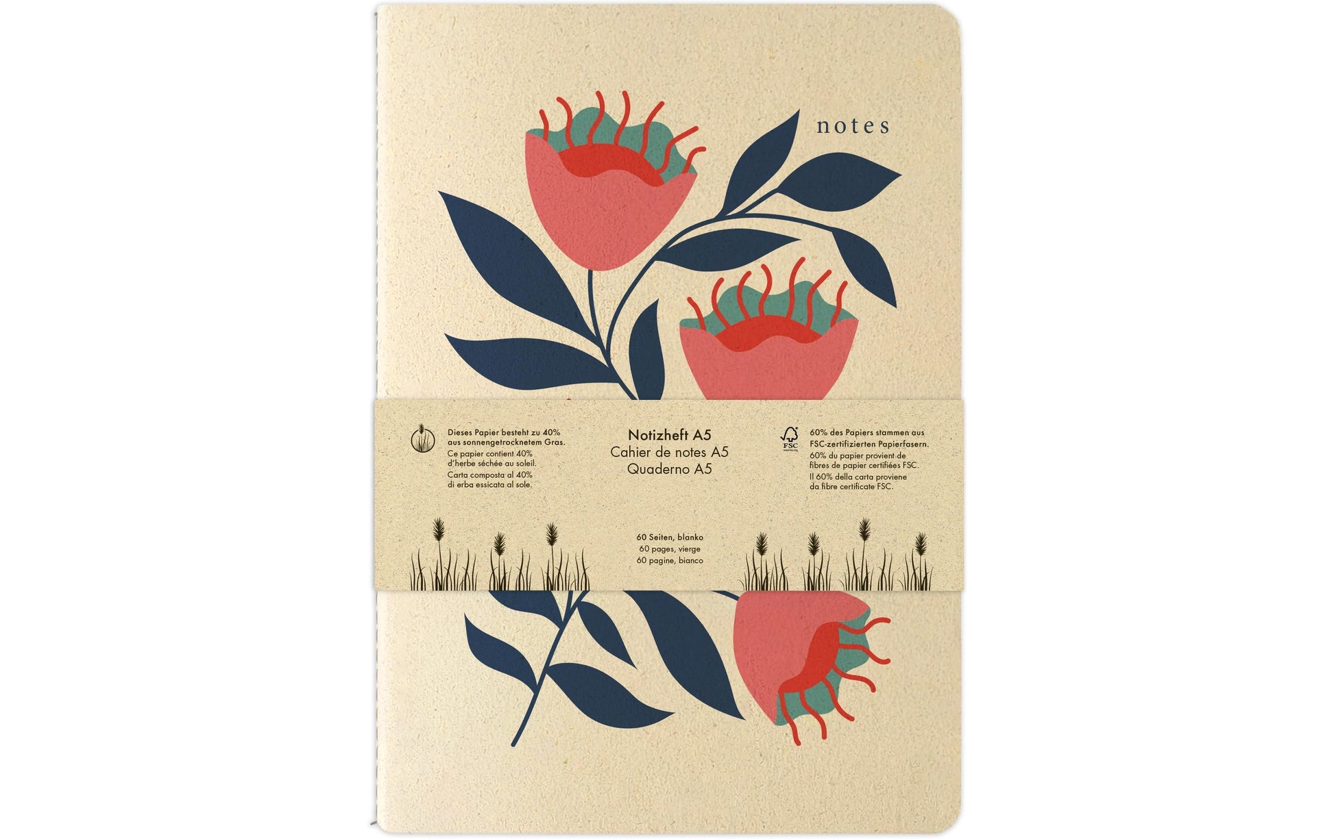 Natur Verlag Notizheft – A5 – blanko – 60 Seiten – 90 g/m² – Softcover, Blumenmotiv, rot, FSC