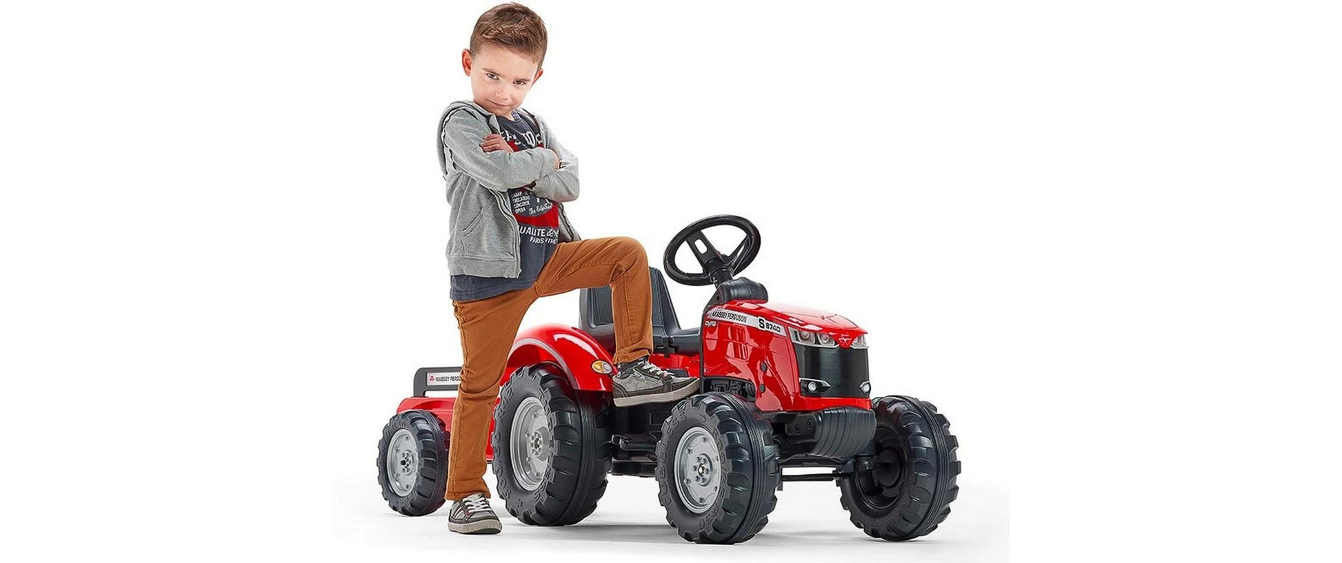 Falk Aufsitztraktor mit Anhänger – 58 × 66 × 162 cm – Kunststoff, schwarz/rot – ab 3 J.