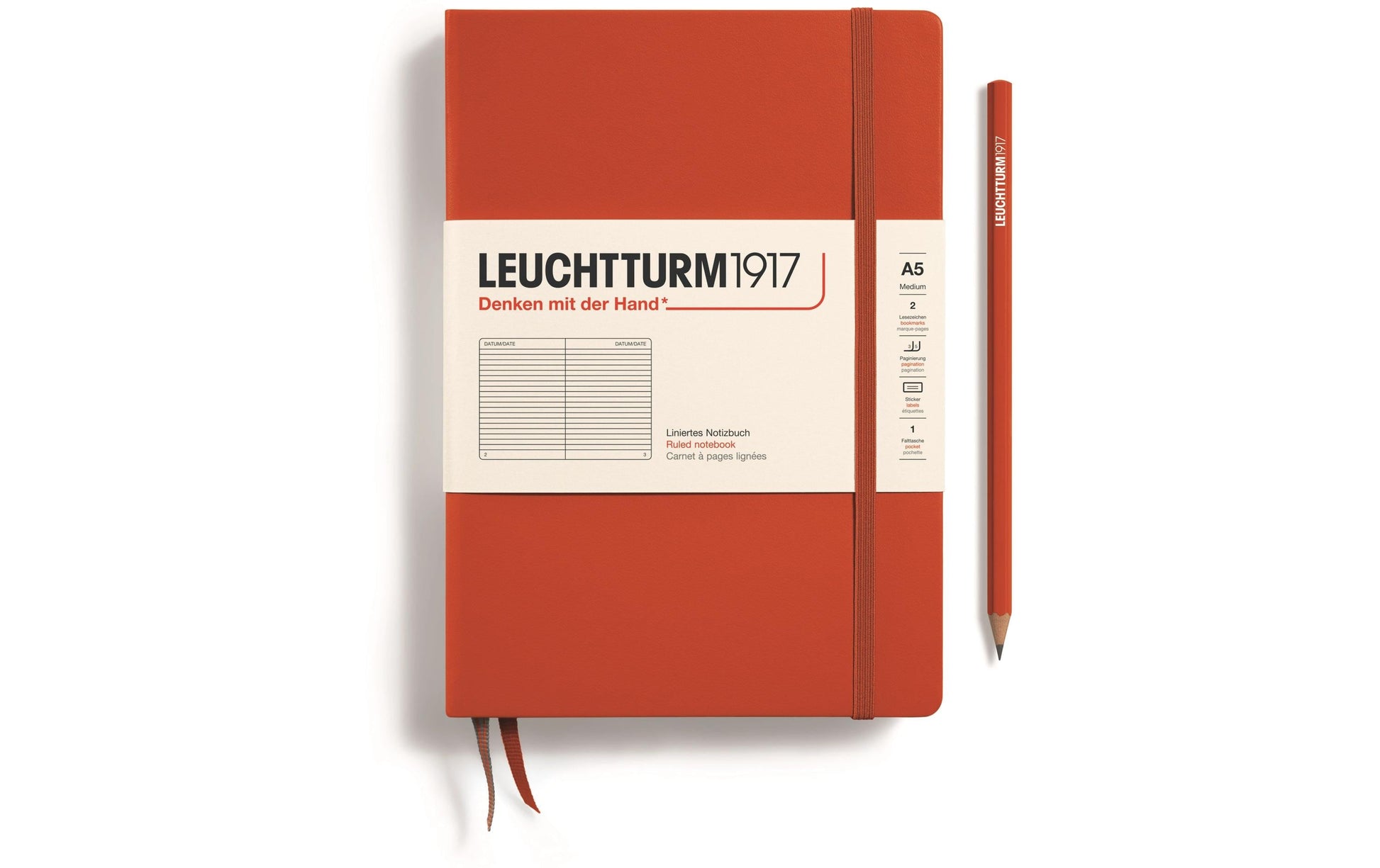 Leuchtturm Notizbuch – A5 – 251 Seiten – 80 g/m² – Hardcover, Gummiband, Einstecktasche, rot, FSC