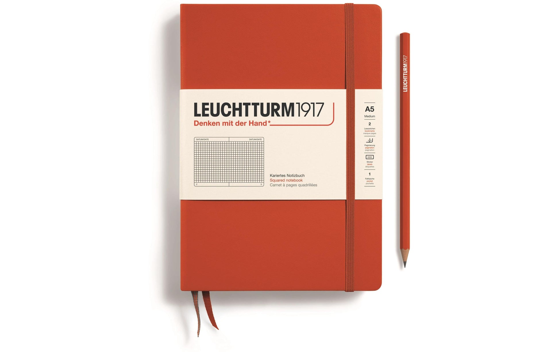 Leuchtturm Notizbuch – A5 – kariert 5 mm – 251 Seiten – 80 g/m² – Hardcover, Gummiband, Einstecktasche, rot, F