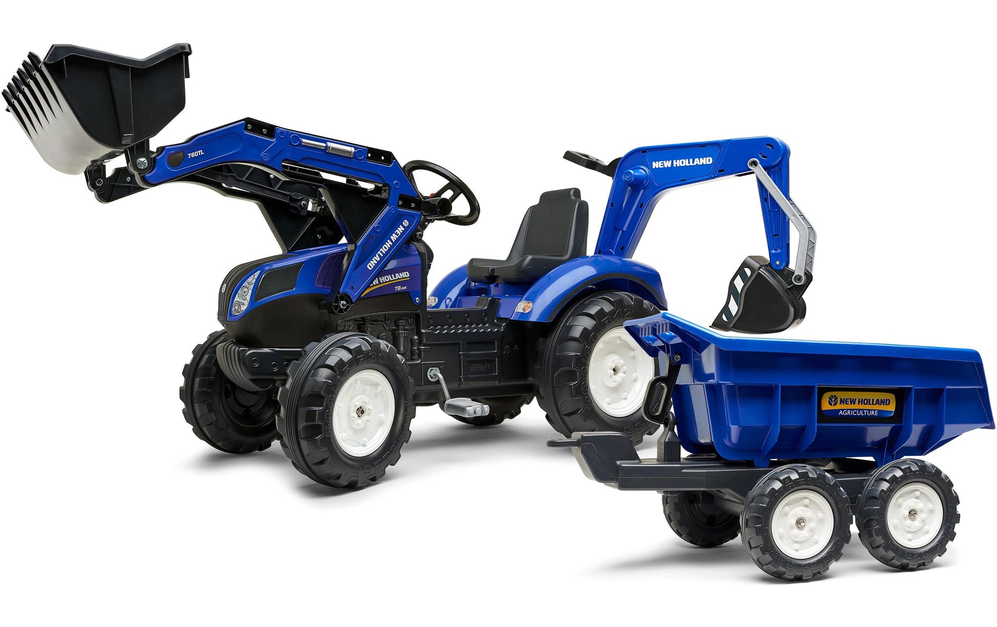 Falk New Holland 3090W Aufsitztraktor – mit Anhänger – 53 × 70 × 58 cm – ab 3 J. – schwarz/blau