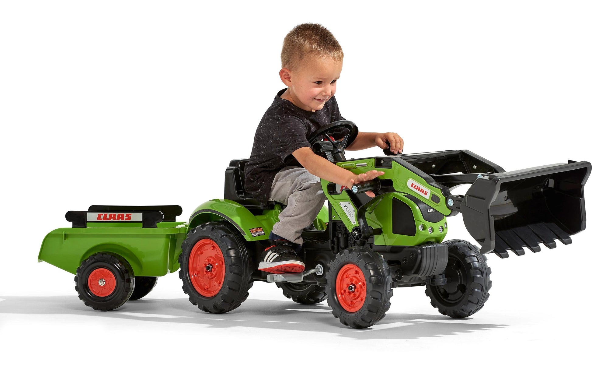Falk Claas 2040AM Aufsitztraktor – mit Anhänger – 162 × 53 × 42 cm – ab 2 Jahren – Kunststoff – schwarz/grün
