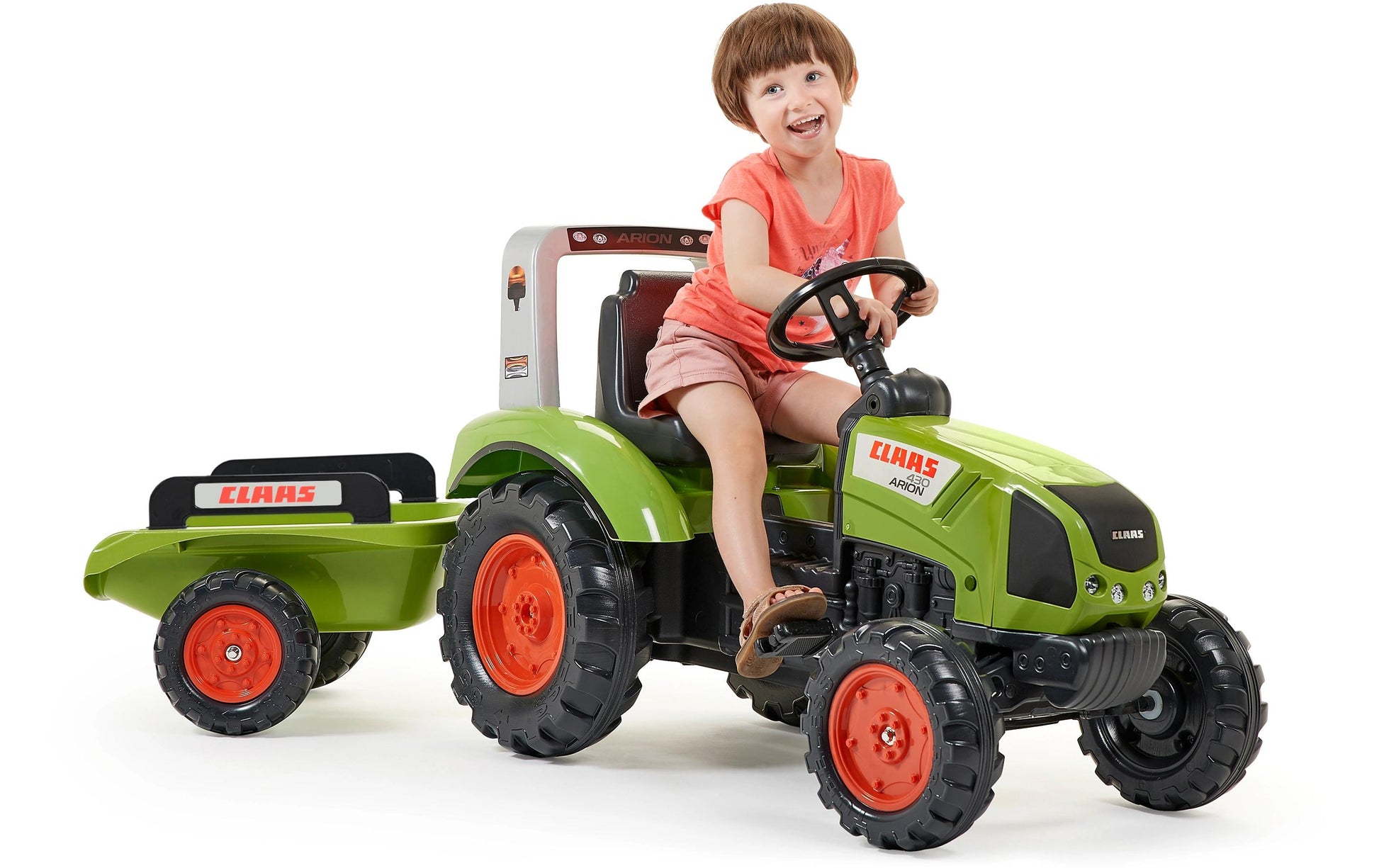 Falk Aufsitztraktor mit Anhänger – 53 × 66 × 161 cm – 50 kg Traglast – ab 3 J. – Kunststoff – Schwarz/Grün