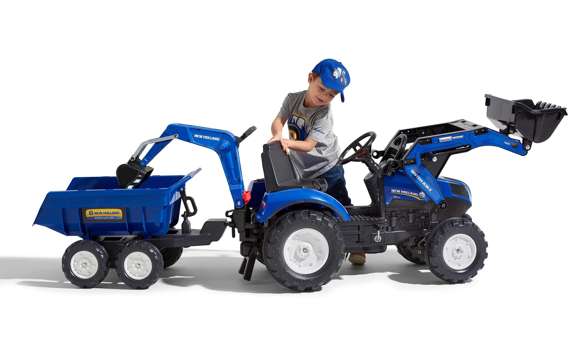 Falk New Holland 3090W Aufsitztraktor – mit Anhänger – 53 × 70 × 58 cm – ab 3 J. – schwarz/blau