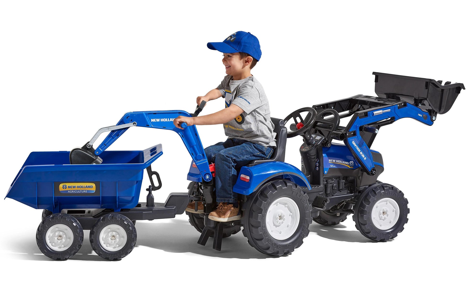 Falk New Holland 3090W Aufsitztraktor – mit Anhänger – 53 × 70 × 58 cm – ab 3 J. – schwarz/blau