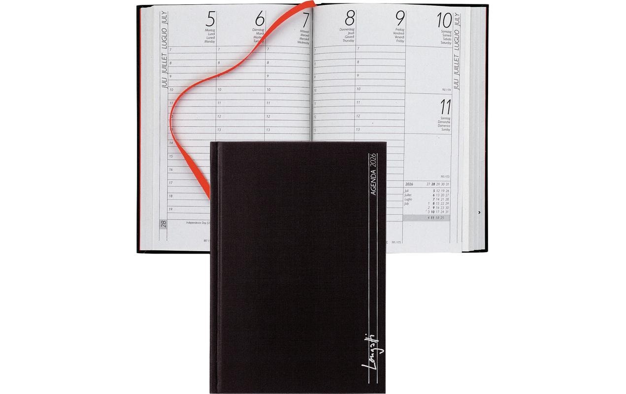 Biella LONGATTI Agenda – 1 Woche/2 Seiten, Gebunden, 10,4 × 14,8 cm, 2026, Mehrsprachig, Schwarz