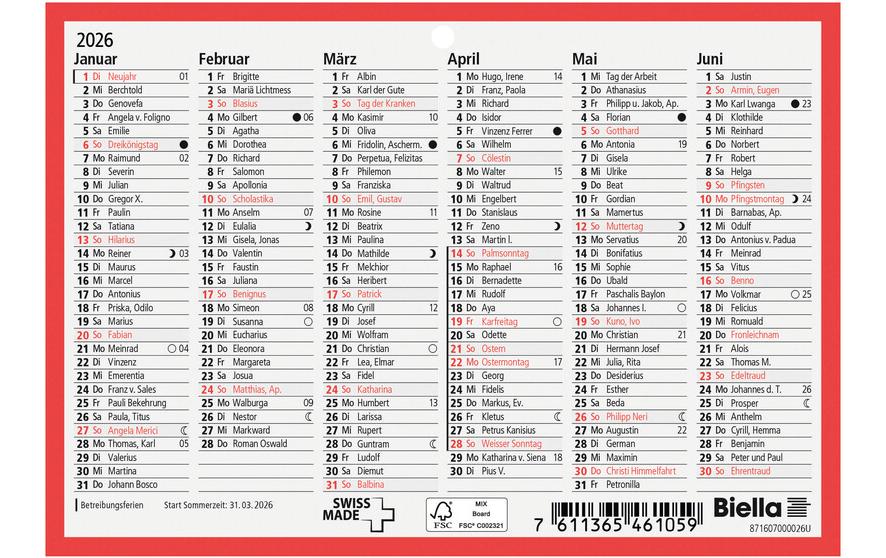 Biella Tafelkalender – Deutsch – 2026 – Notizfeld, Lochung – 16,5 × 11,5 cm