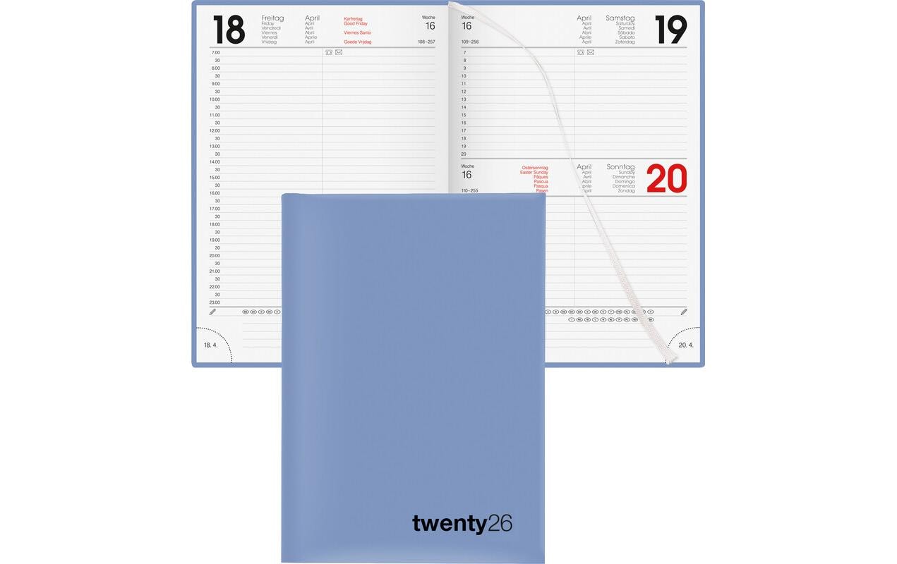 Biella Agenda – 1 Tag pro Seite, gebunden, 14,5 × 20,5 cm, 2026, 1/2-Stunden-Takt, blau, FSC