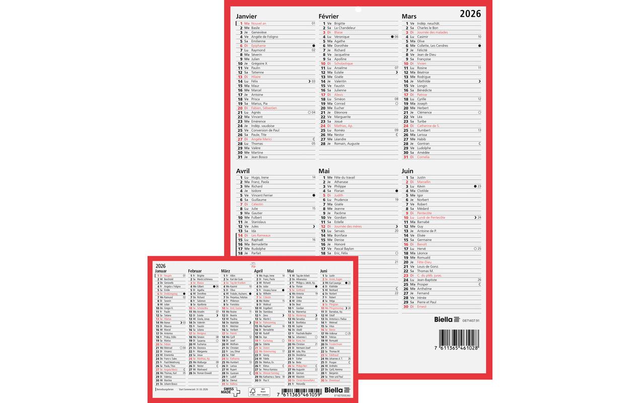 Biella Tafelkalender – Deutsch – 2026 – Notizfeld, Lochung – 16,5 × 11,5 cm