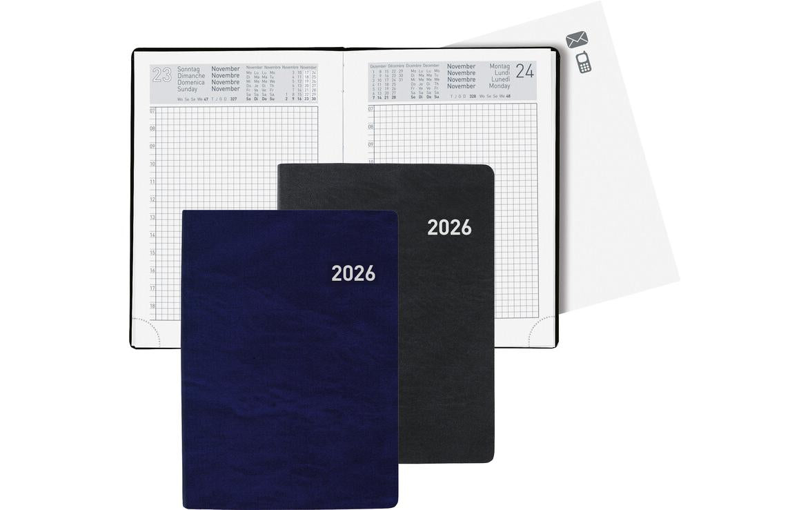 Biella Technikus Agenda – 1 Tag pro Seite, gebunden, 10,1 × 14,2 cm, 2026, 1-Stunden-Takt, Dunkelblau, FSC